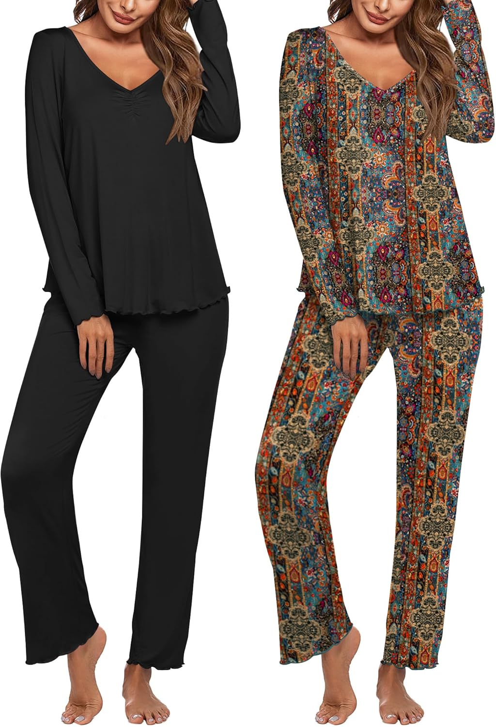 Ekouaer Womens 2 Pack Pajama Set Long Sleeve Pajamas Top and Pants V Neck Pjs Set Soft Sleepwear Loungewear