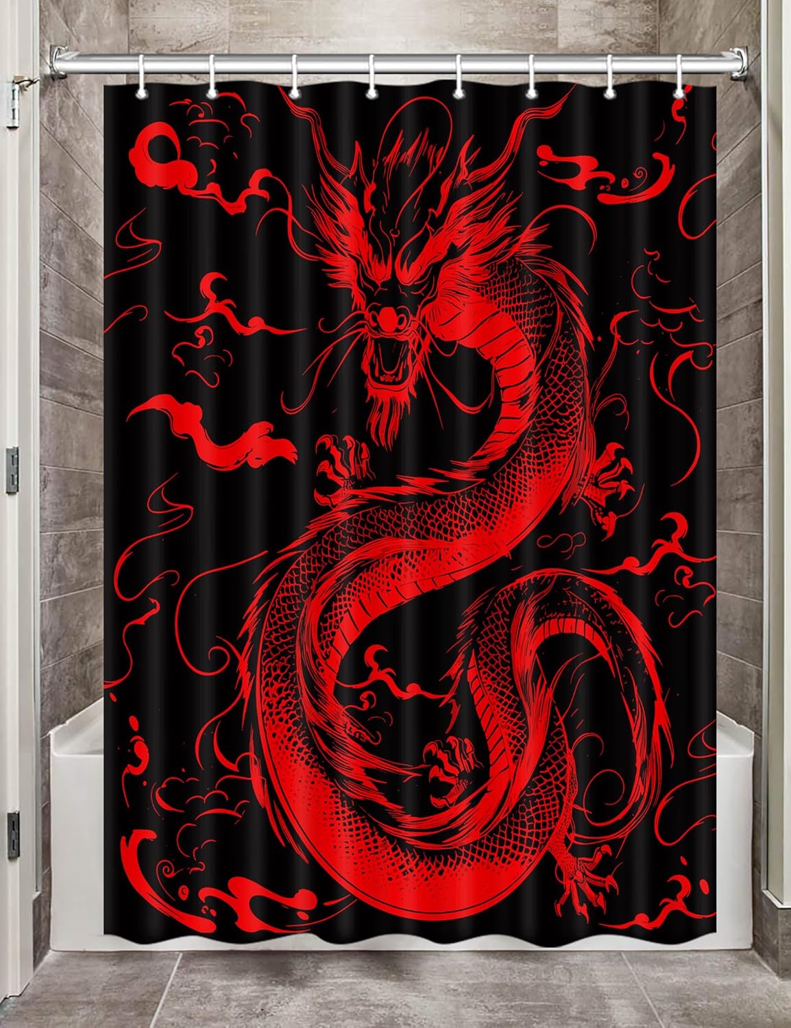 Japanese Dragon Shower Curtain, Red and Black Anime Shower Curtain Set for Boys Bathroom, Cool Asian Fabric Shower Curtain Restroom Bathtub Decor Accessories with Hooks 72X 84 inch
