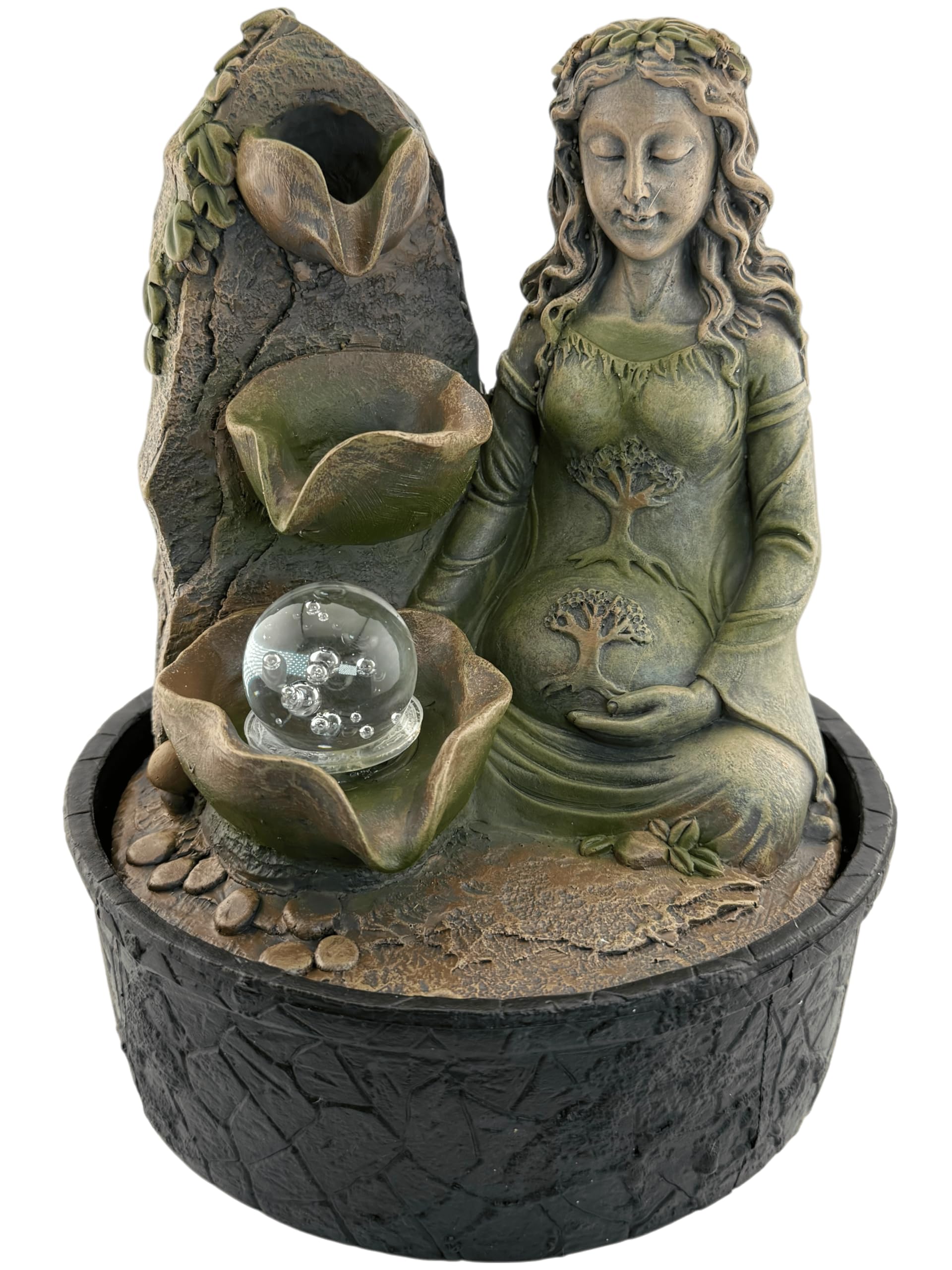 HOSTENATURA Fuente de Agua Gaia Madre Tierra con Luz 20x20x25cm | Fuente Decorativa Zen de Resina | Relajación, Armonía y Decoración Espiritual