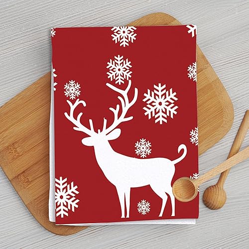 Miniatura 4 de Juego de 4 toallas de cocina con árbol de Navidad de reno rojo y blanco, divertidas toallas de mano decorativas de invierno con refranes, paños de