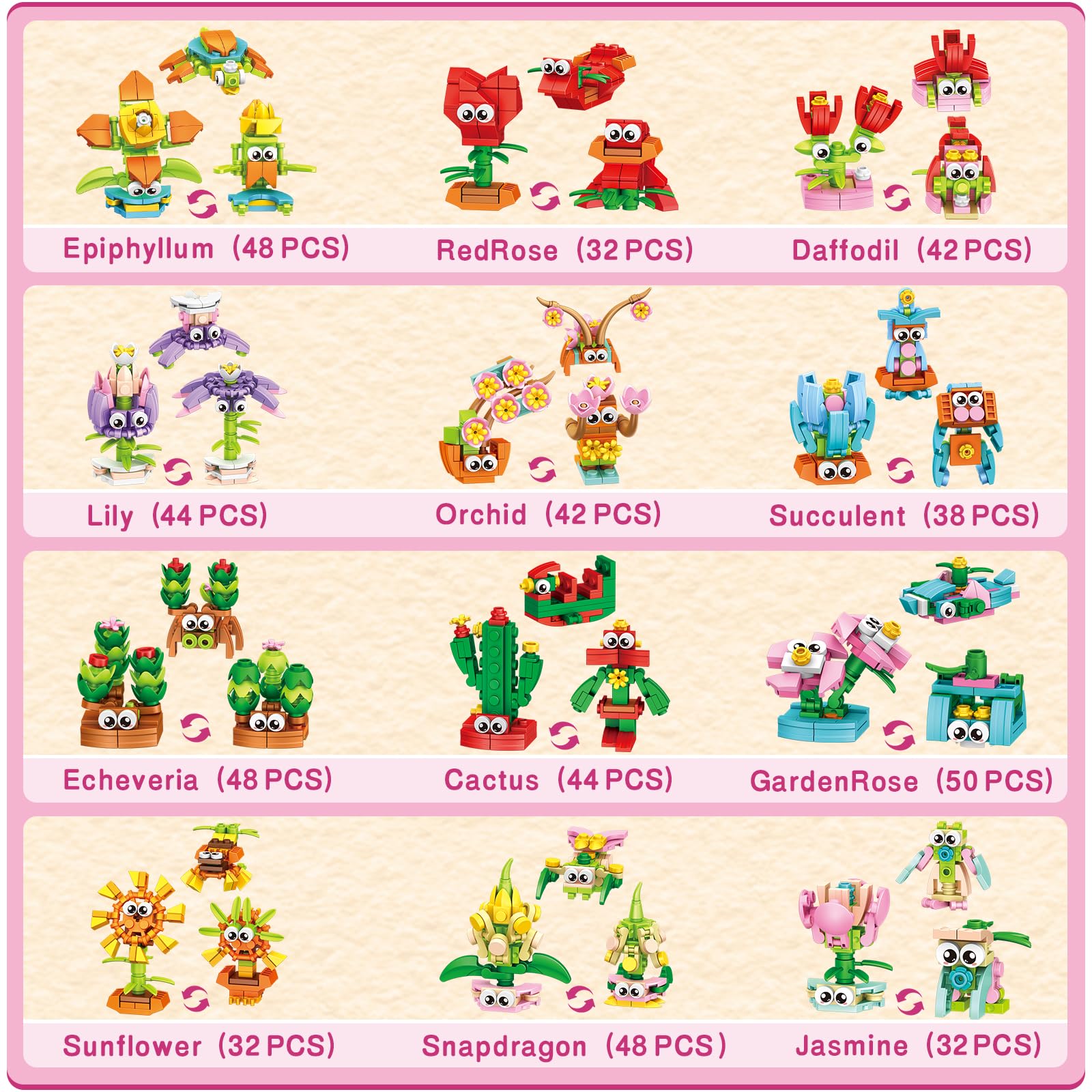 IMCUAMK 36 Packs Party Favors Building Blocks, Ideal for Kids Classroom Exchange, Flower Bouquets Building Set, Mini Building Flower Set, DIY Unique Great Brithday Gifts for Girls Womens