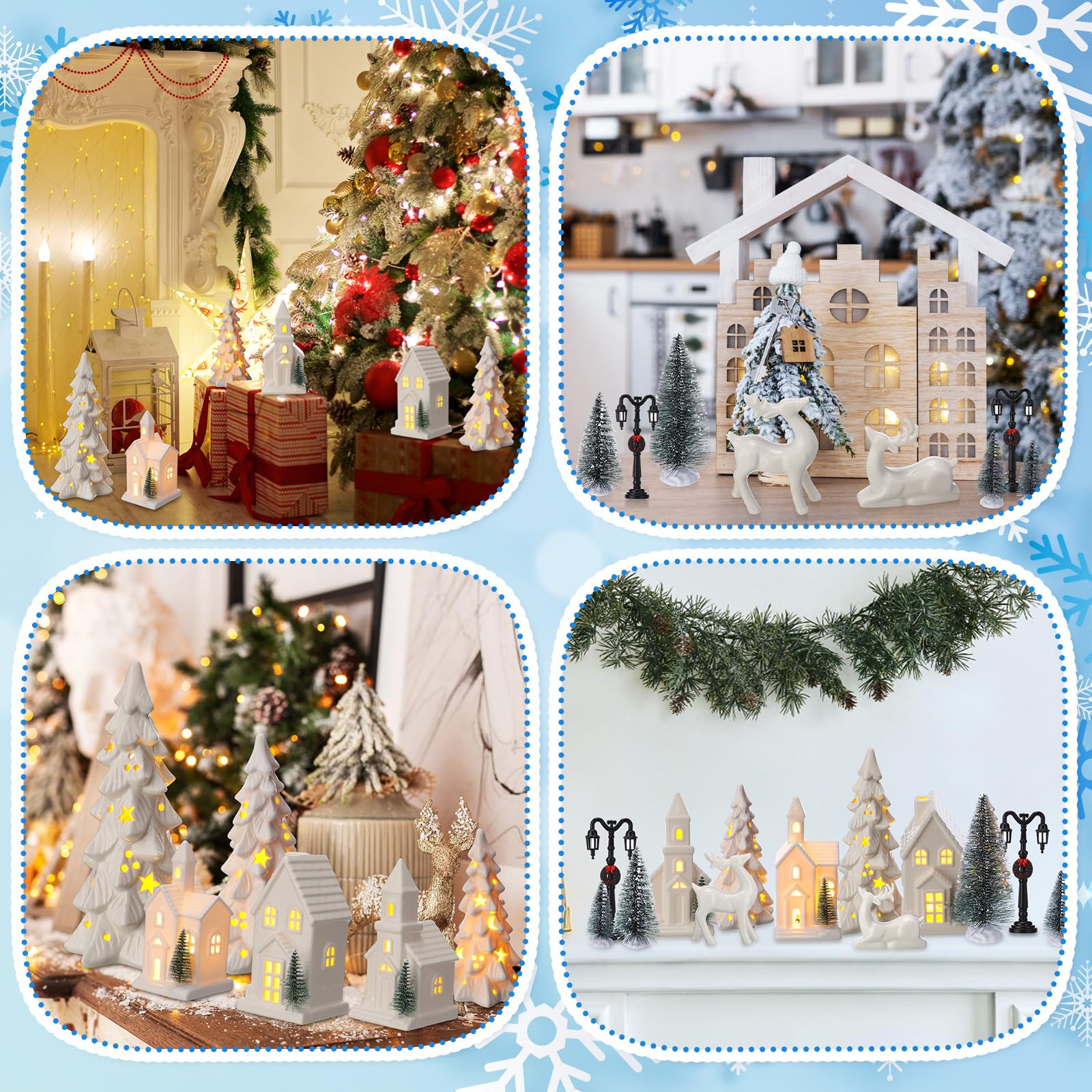 Nuogo Lot de 14 maisons de village de Noël à LED en céramique blanche avec sapin de Noël, figurine de renne en porcelaine, petit lampadaire, décoration de village d'hiver pour cheminée de table de
