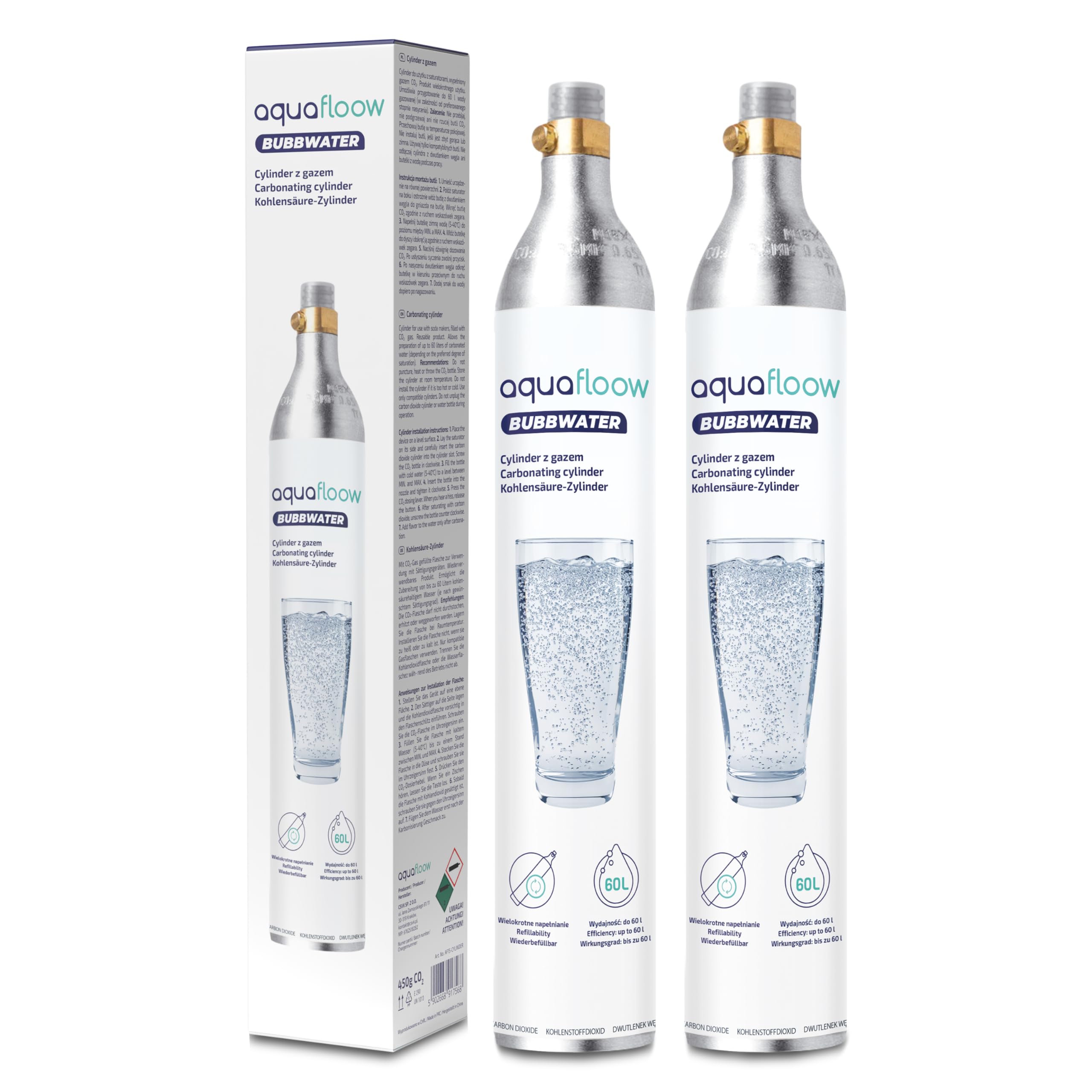 AquaFloow Cilindro CO₂ per Gasatore d’acqua Premium 600 ml, Cartuccia per Acqua Frizzante, Cilindro fino a 60 L, Ricambio Compatibile con SodaStream, Aarke- 2 pezzi