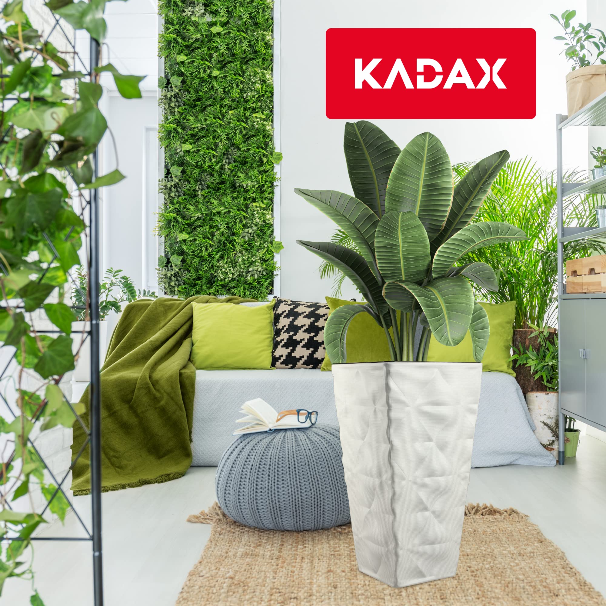 KADAX - Vaso alto in plastica con effetto 3D, grande vaso per fiori per uso interno ed esterno, vaso quadrato con inserto (bianco, 74,5 cm)