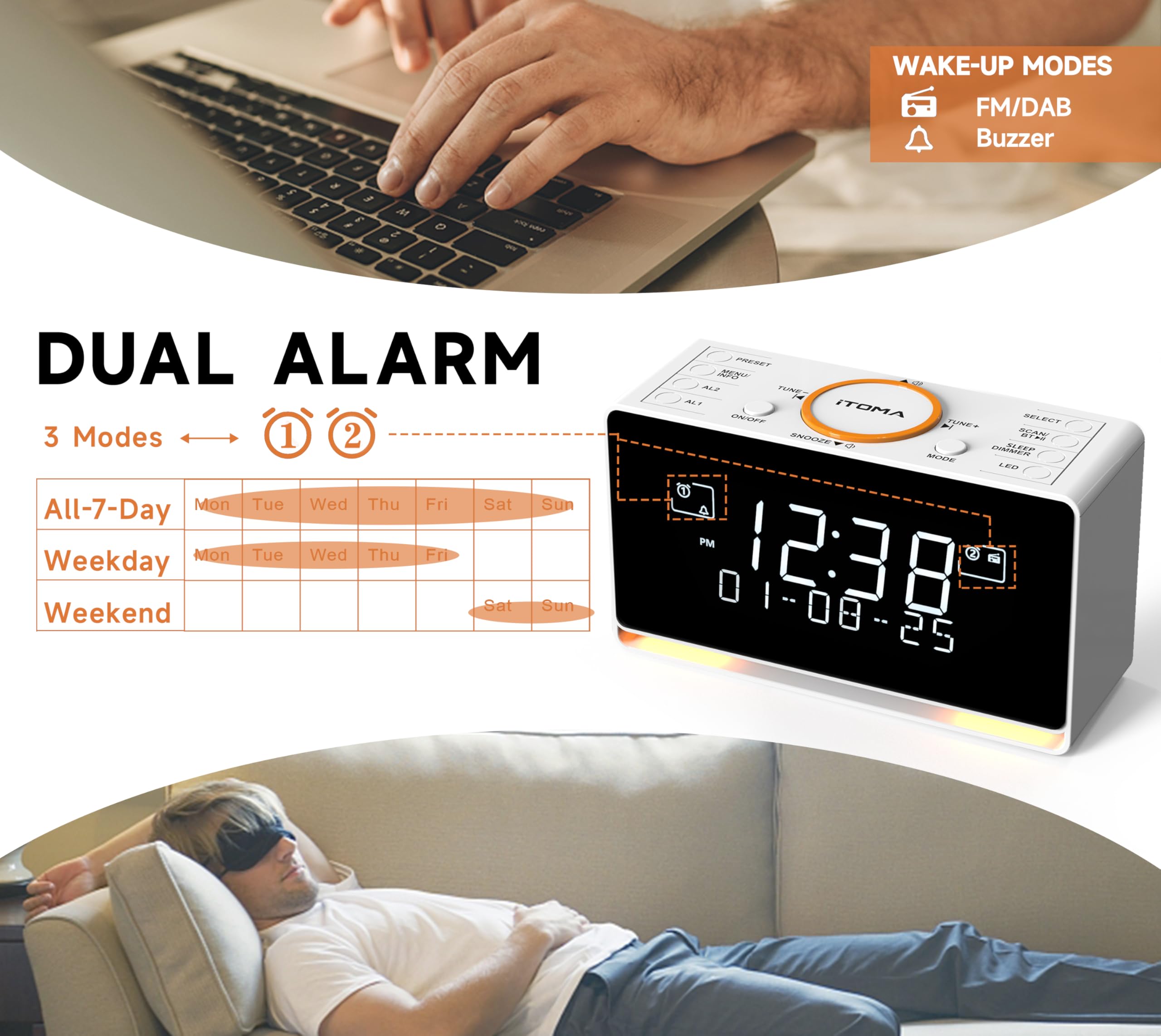 Réveil Radio DAB et FM avec 40 presets, Bluetooth, double alarme, minuterie de sommeil, contrôle de gradation, CHARGEUR USB et prise casque iTOMA 728