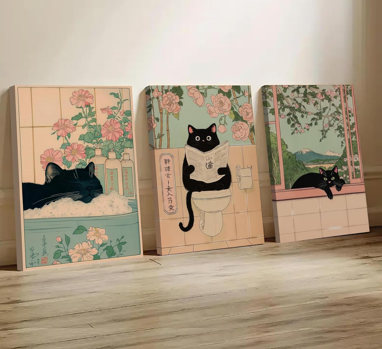 ZWTJPLN Japanese Ukiyo-e Style Black Cat Bathroom Canvas Wall Art Set (8x11/12x16Inches) - 3-Piece Funny Cat Decor for Restroom, Toilet & Home