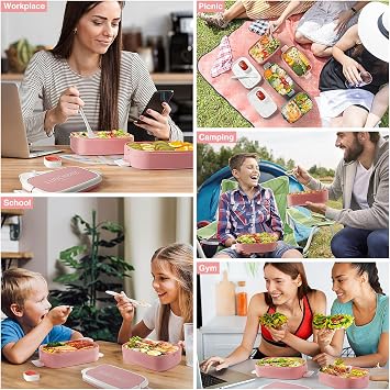 Bento Lunch Box Stackable,1400ml Containers with 4 Compartments and Cutlery, Leakproof 2 Layer Boxes, for Adults Kids Office, Microwave Dishwasher Safe (Pink)