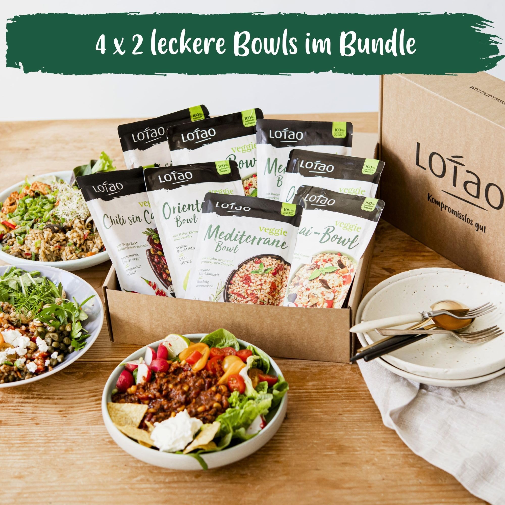 LOTAO Vegane Fertiggerichte - Bowl Box: 8 BIO-Gerichte ohne Zusätze und Soja | Schnell und praktisch: Fertigessen für Mikrowelle und Pfanne | Vegane Lebensmittel in Geschenkbox