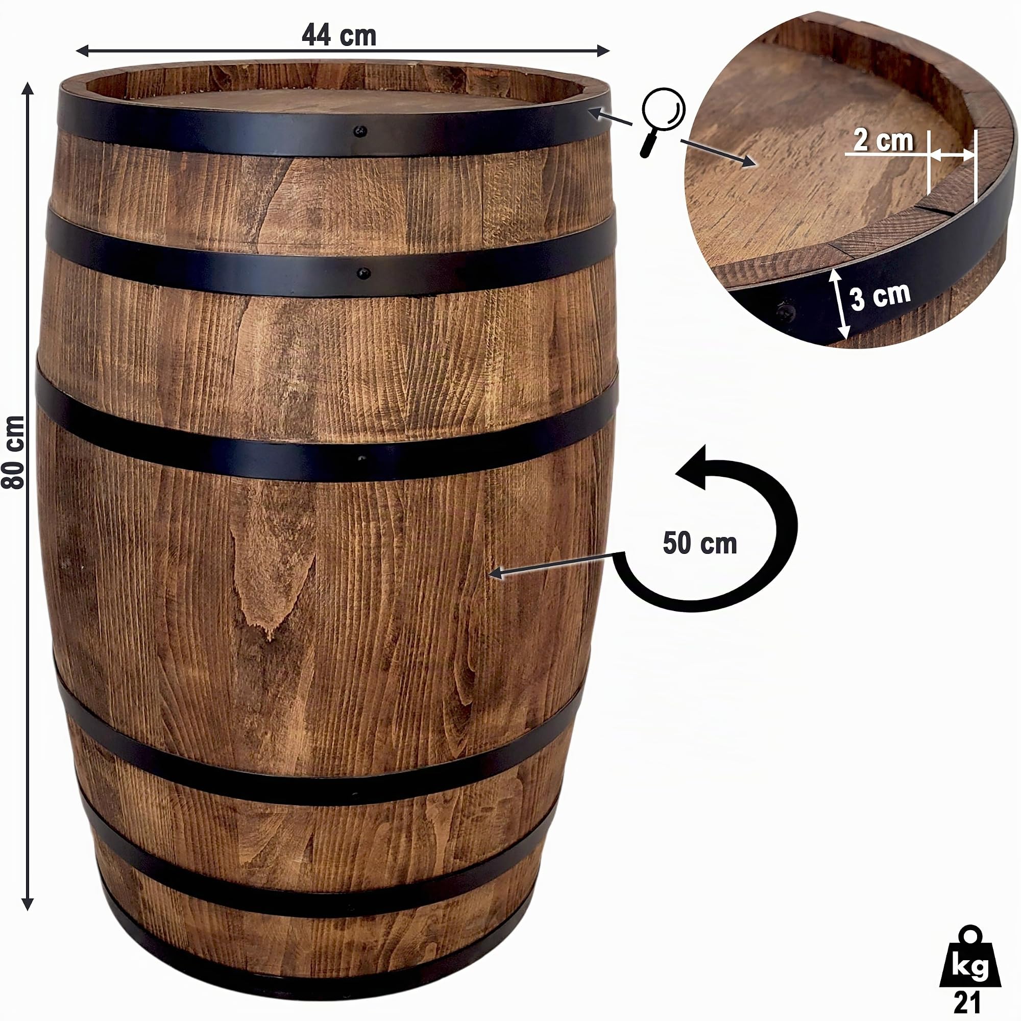 weeco Barile di legno decorativo – Mobili in stile rustico per bar, hotel, ristoranti – Botte di vino – Tavolo da birra o bevande – wengé 80 x 50 cm