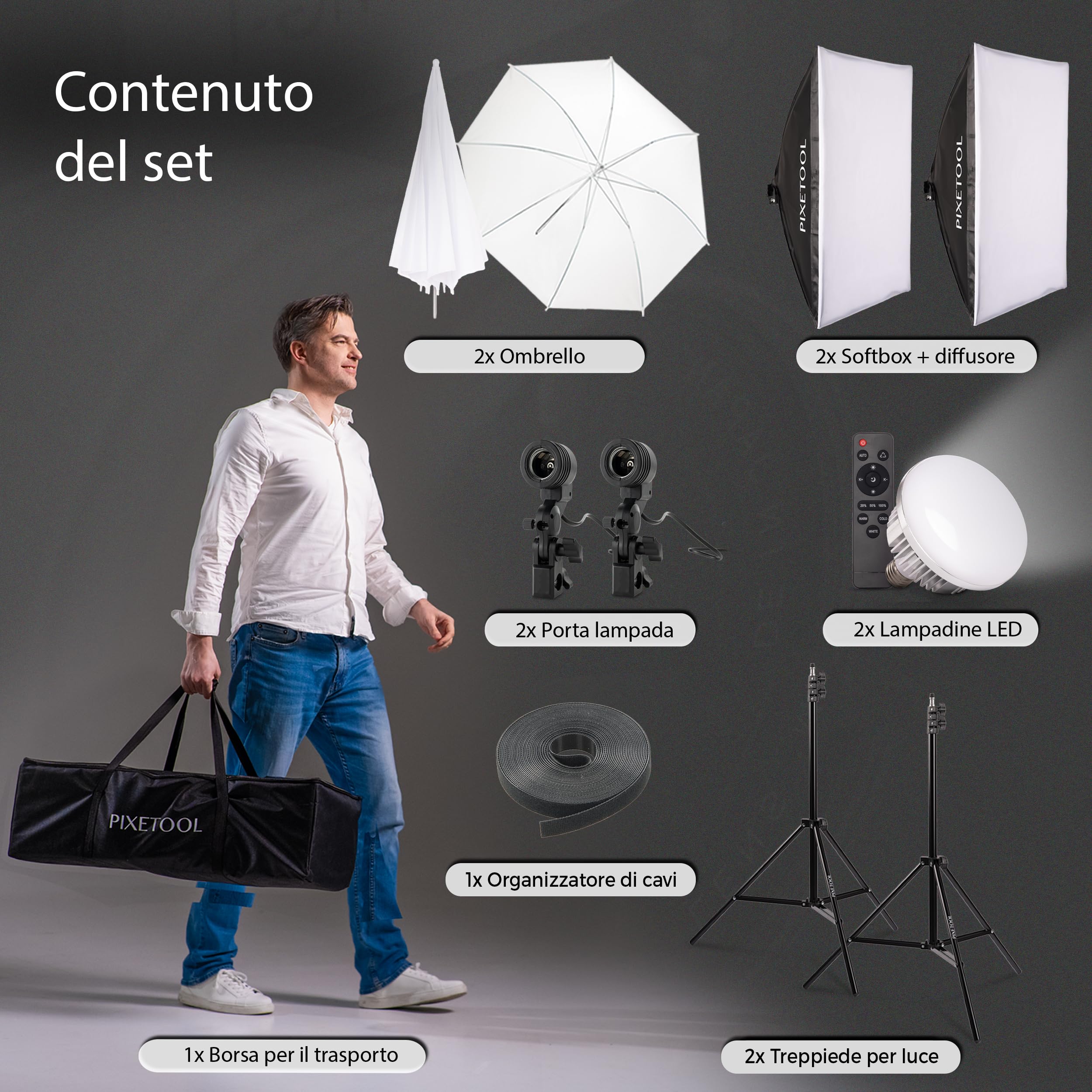 Set Softbox per Studio Fotografico - 2 Softbox 70x50 cm, 2 Luci a LED 4800 Lumen 3000-6000K - Luce Fotografica - Kit di Illuminazione – Lampada Fotografica