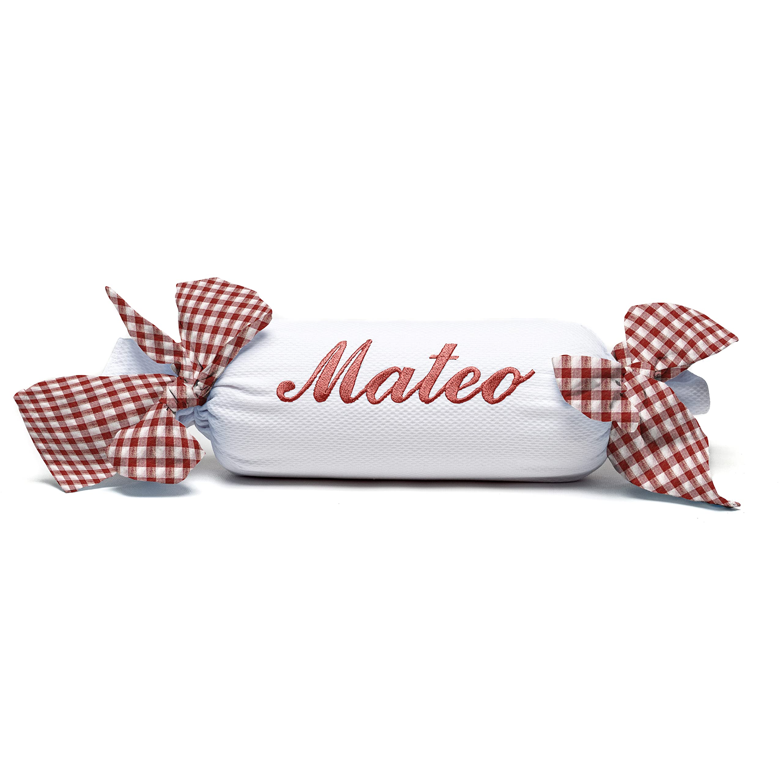 Nenel Cojín Decorativo para Cuna o Carrito Personalizado – Caramelo bebé con Nombre - Rulo recién Nacido Bordado - Vichy (Rojo)