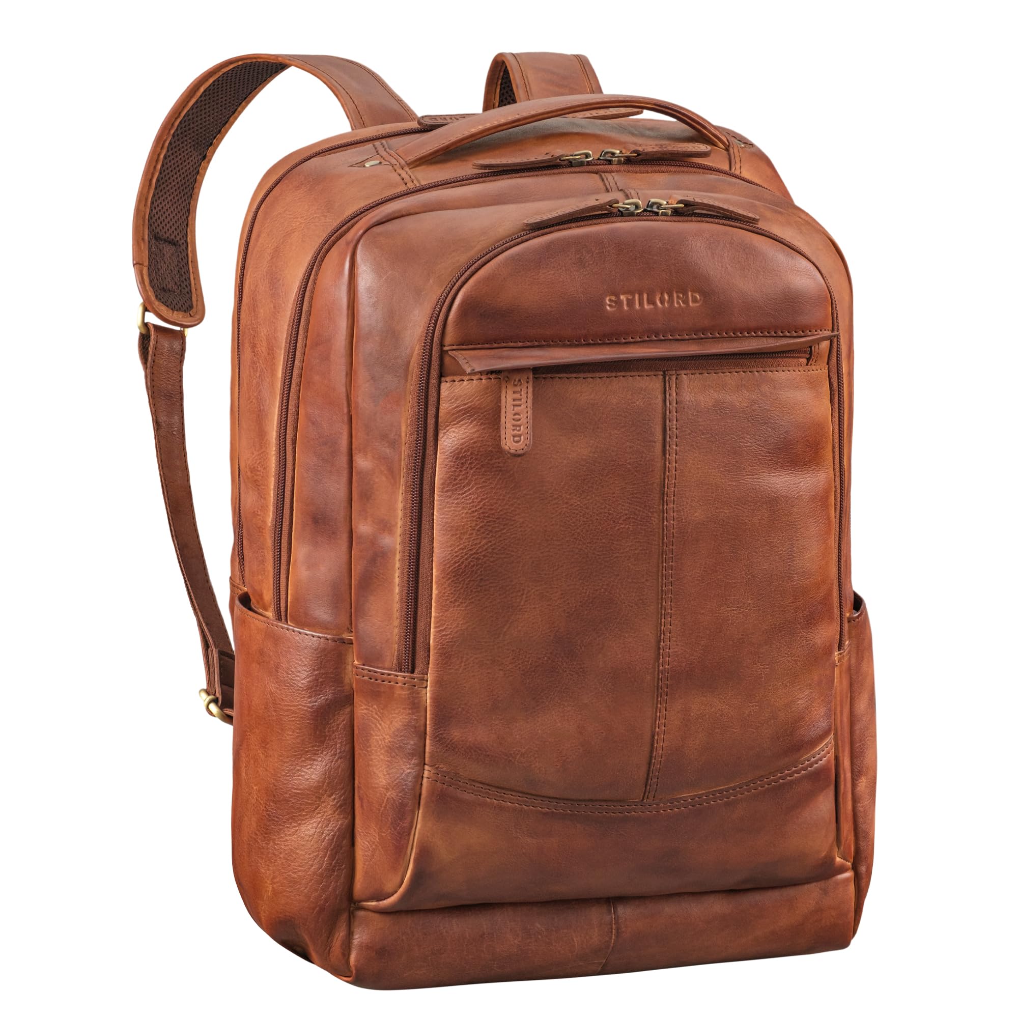 STILORD Maxim Mochila Piel Hombre para Ordenador Portatil 17-19 Pulgadas | Ergonómica y Transpirable | Mochilas Hombres Cuero para Negocios Viaje Color:Brandy - coñac