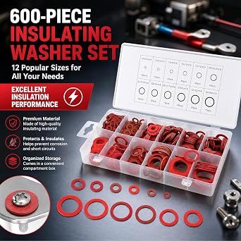 Fiber Flat Washers, Washer Assortment, Insulation Assorted Fiber Washers, High Temperature Rubber Flat Washer, Red Steel Washer Plumbing Kit with Plastic Box, 600pcs, 12 Sizes