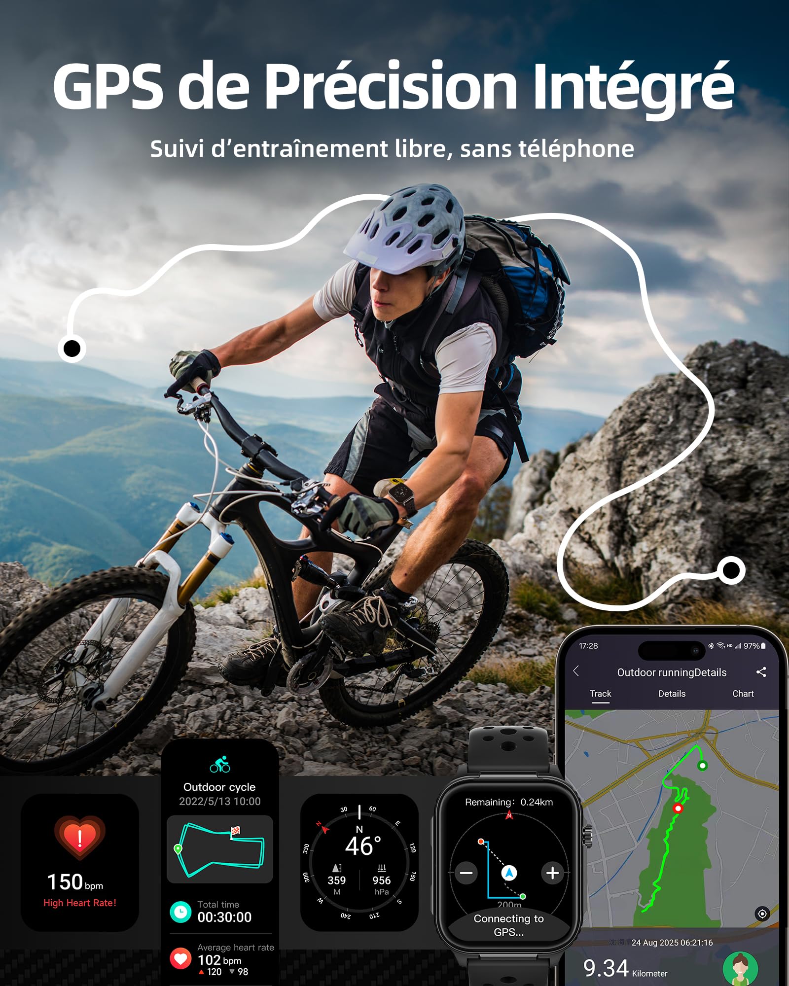 Parsonver Montre Connectée Homme avec GPS Intégré, Autonomie de 10 Jours | Smartwatch avec Boussole, 400+ Cadrans, 100+ Sportifs, Appels Bluetooth, Fréquence Cardiaque, Sommeil (Noir, 1.95")