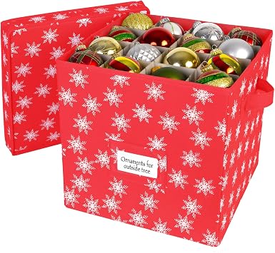 HOLDN STORAGE Christmas Ornament Storage Box with Lid - Christmas Decor Storage Containers that Store up to 64 Holiday Ornaments - Red/White Snowflakes