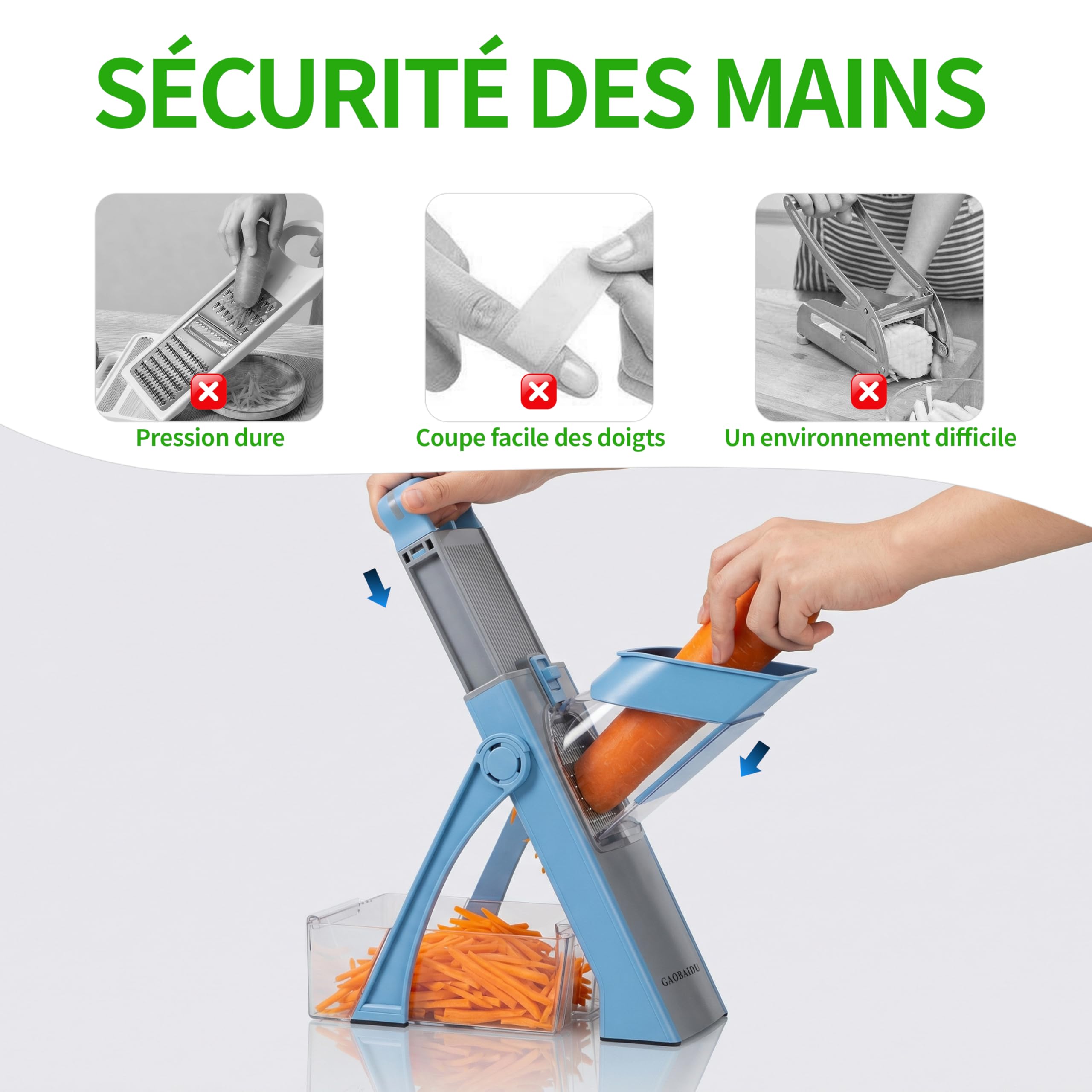 Mandoline de Cuisine Safety Slicer Manuelle Multifonction Tous Coupe Légumes Lame en Acier Inoxydable, Coupe Légumes en Julienne, Cubes et Patate Frite (bleu grand)