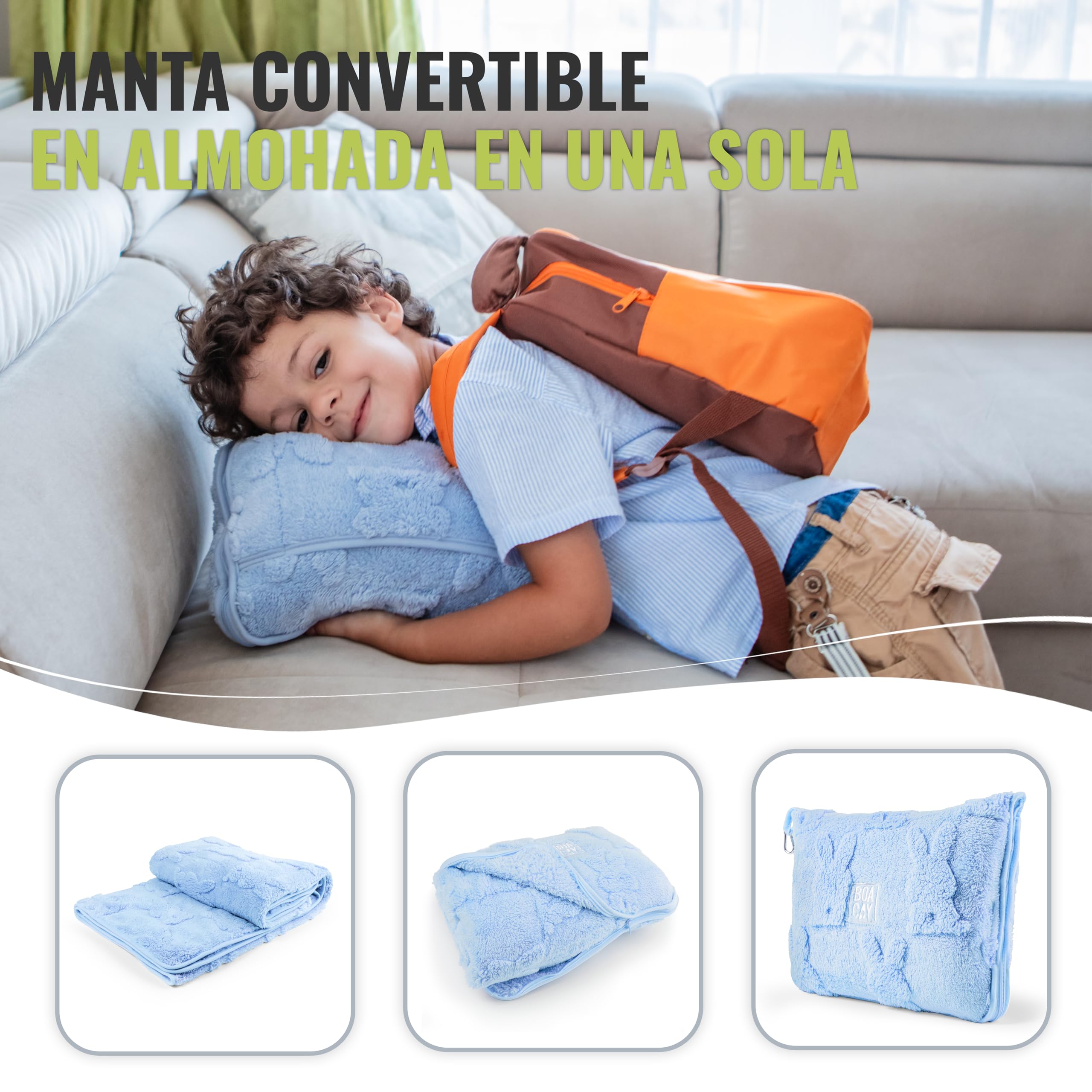 BOACAY Manta de Viaje para Niños Pequeños para Avión, Automóvil - Suave Manta para Niños para el Cuidado Diurno - Almohada para Niñas, Niños con Clip para Mochila, Manga para Equipaje