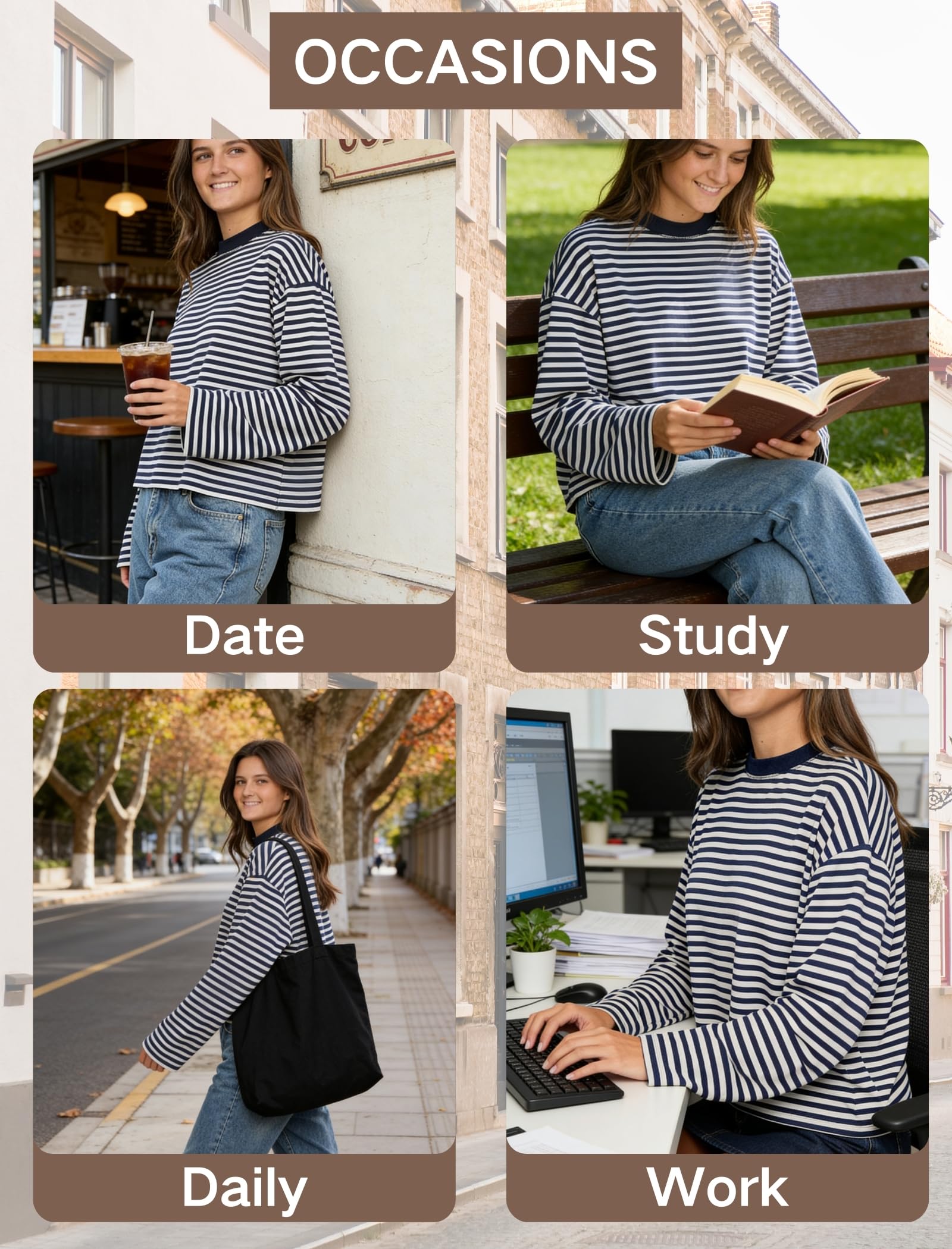 LEBOOBELL Femme Manches Longues à Rayures T-Shirt Pull à col Rond Sweatshirt Ample décontracté pour Printemps été - 4