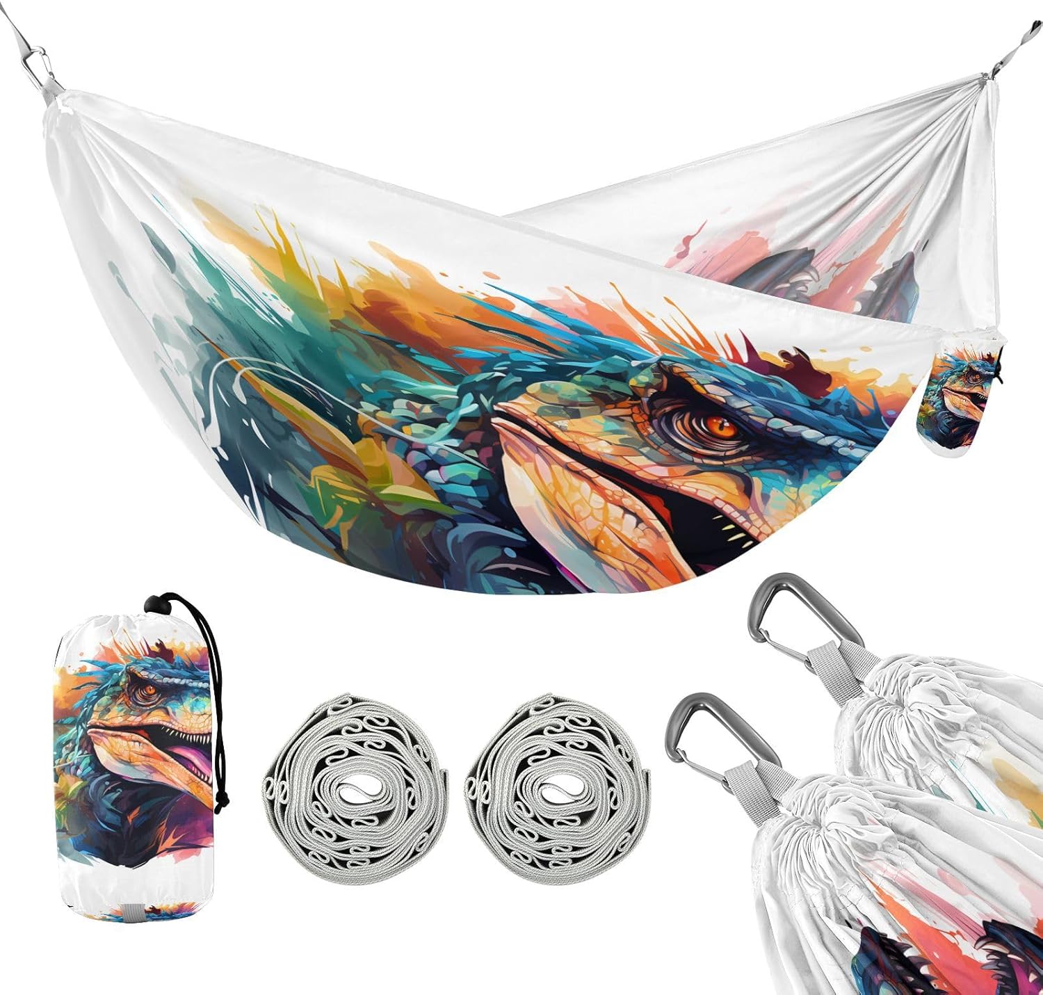 ALAZA Dinosaur Head Camping Hammocks Single or 2 Person 500 lbs Portable Parachute Travel Hammock w/Tree Straps for Hiking Backpacking Indoor Outdoor