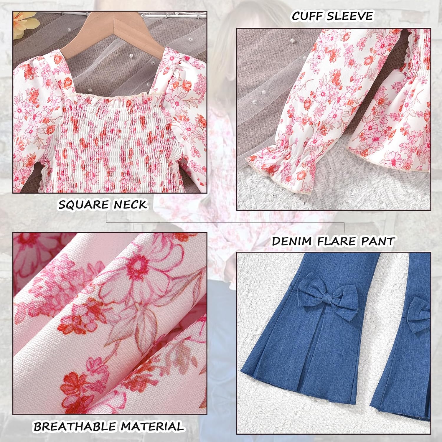 HINTINA Toddler Girl Fall Winter Clothes Long Sleeve Square Neck Smocked Dress Top Denim Jeans Flare Pant Set - Image 4