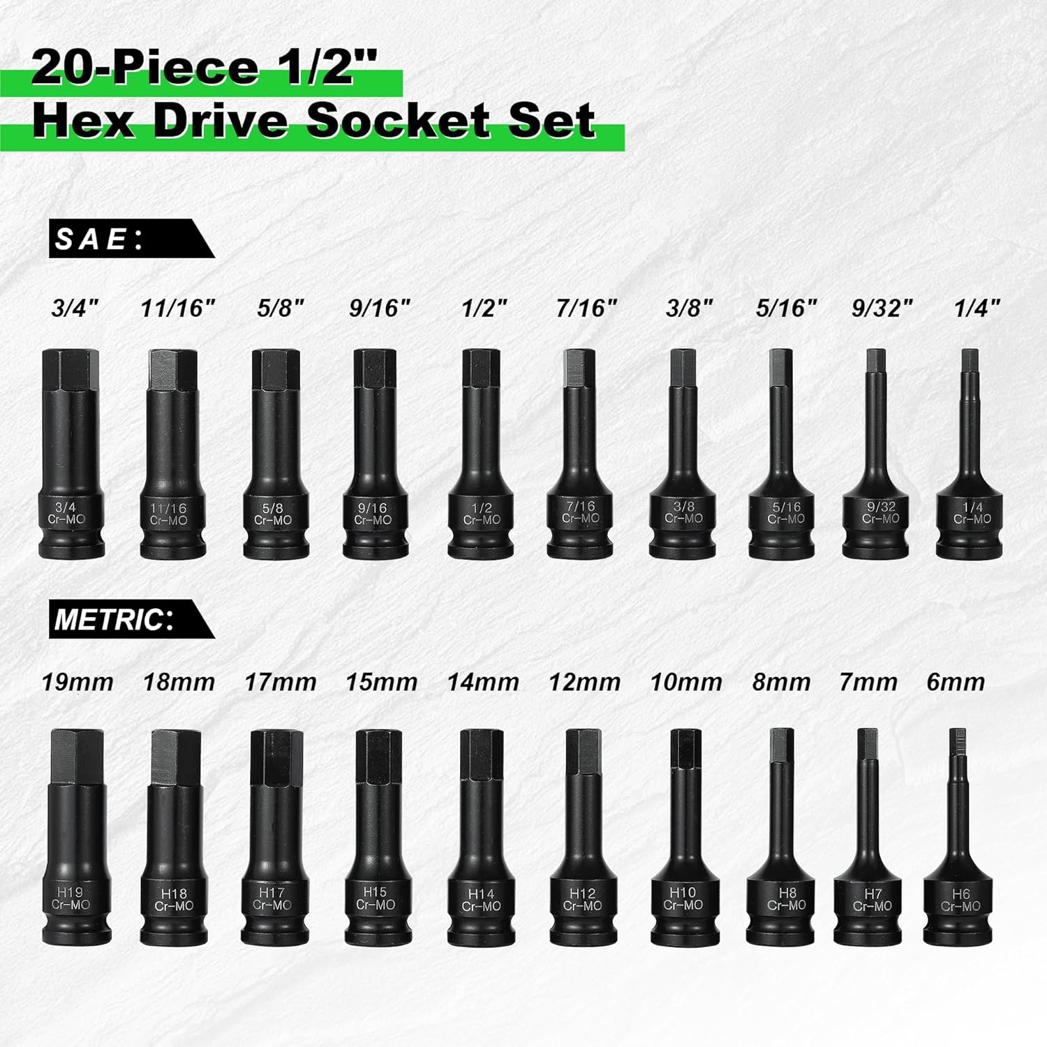20-Piece 1/2" Drive Master Impact Hex Bit Set, One-Piece Construction Hex Driver, Cr-Mo Steel, Drive Allen Bit Socket Set, SAE(1/4" - 3/4") & Metric(6mm - 19mm)