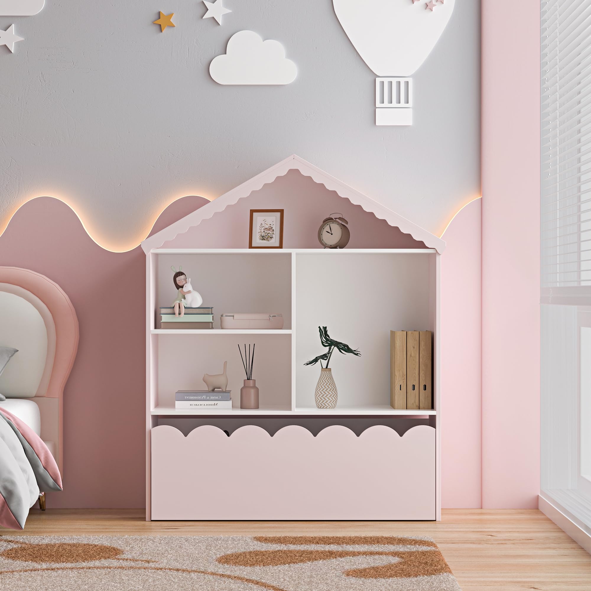 [en.casa] Étagère pour Enfants en Forme de Maison Meuble de Rangement avec Compartiments Ouverts et Tiroir Ondulé Bibliothèque MDF Panneau de Particules 114 x 91 x 30 cm Rose Barbe à Papa Blanc