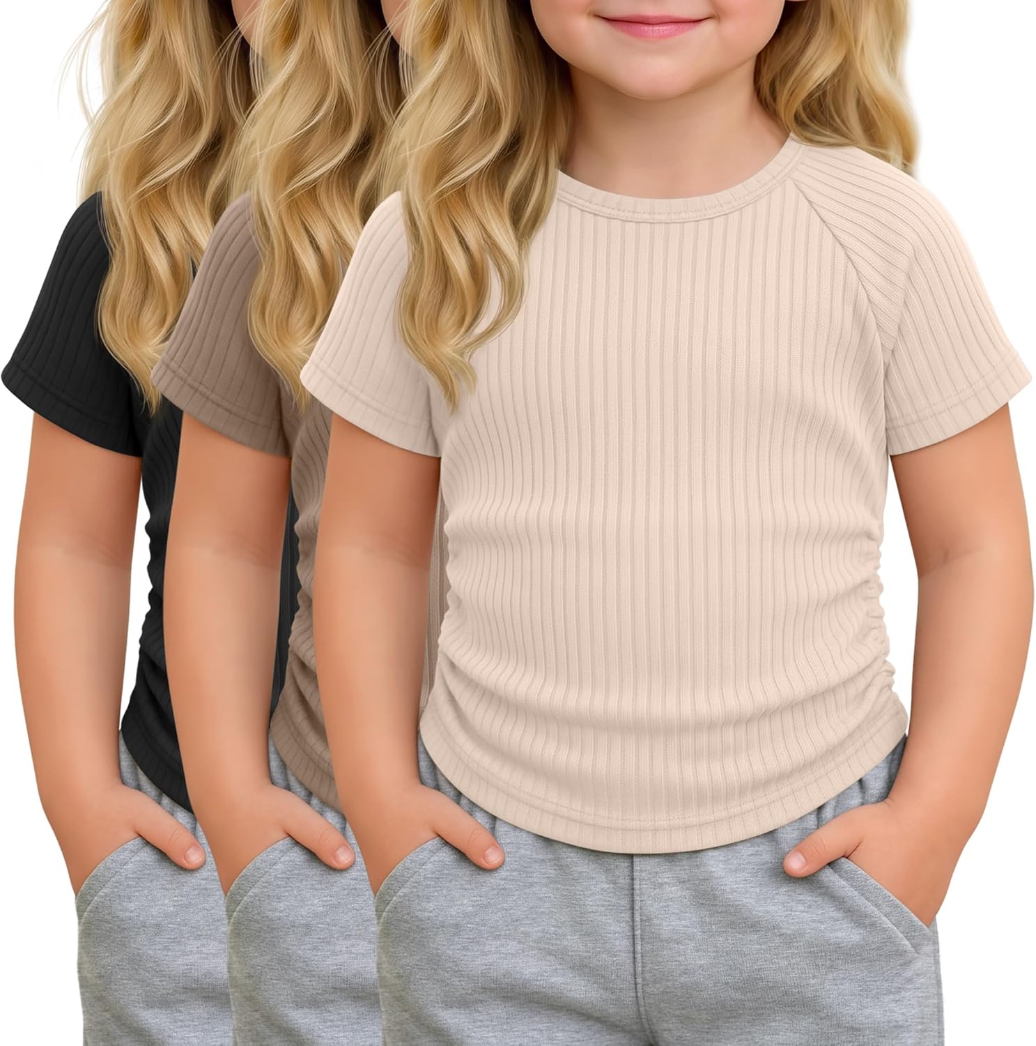 3 Pcs Toddler Girl Short Sleeve Shirts Infant Girls Ribbed T-Shirt Kids Side Ruched Tops Slim Fit Tee Size 18M-5T