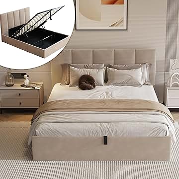 VELOCAVA Queen Size Lift-Up Storage Bed, Hydraulic Linen Upholstered Bed Frame with Vertical Panel Headboard, Wooden Slat Support, No Box Spring Needed, Easy Assembly, Beige