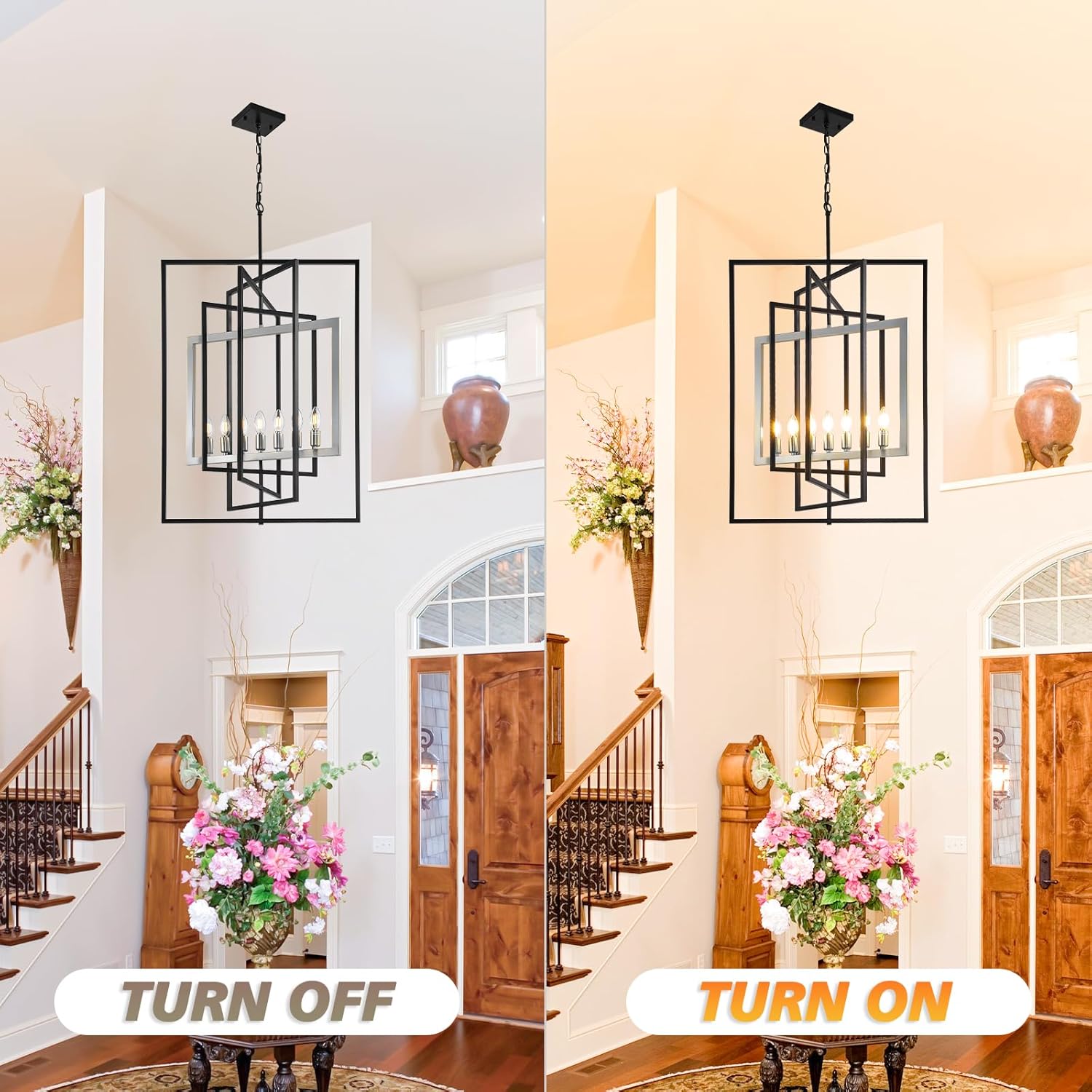 7-Light Lantern Pendant Light Fixtures, Rustic Industrial Farmhouse Foyer Lighting Fixtures, Large Foyer Chandeliers for High Ceilings, Farmhouse Modern Chandeliers for Entryway（Black & Silver）
