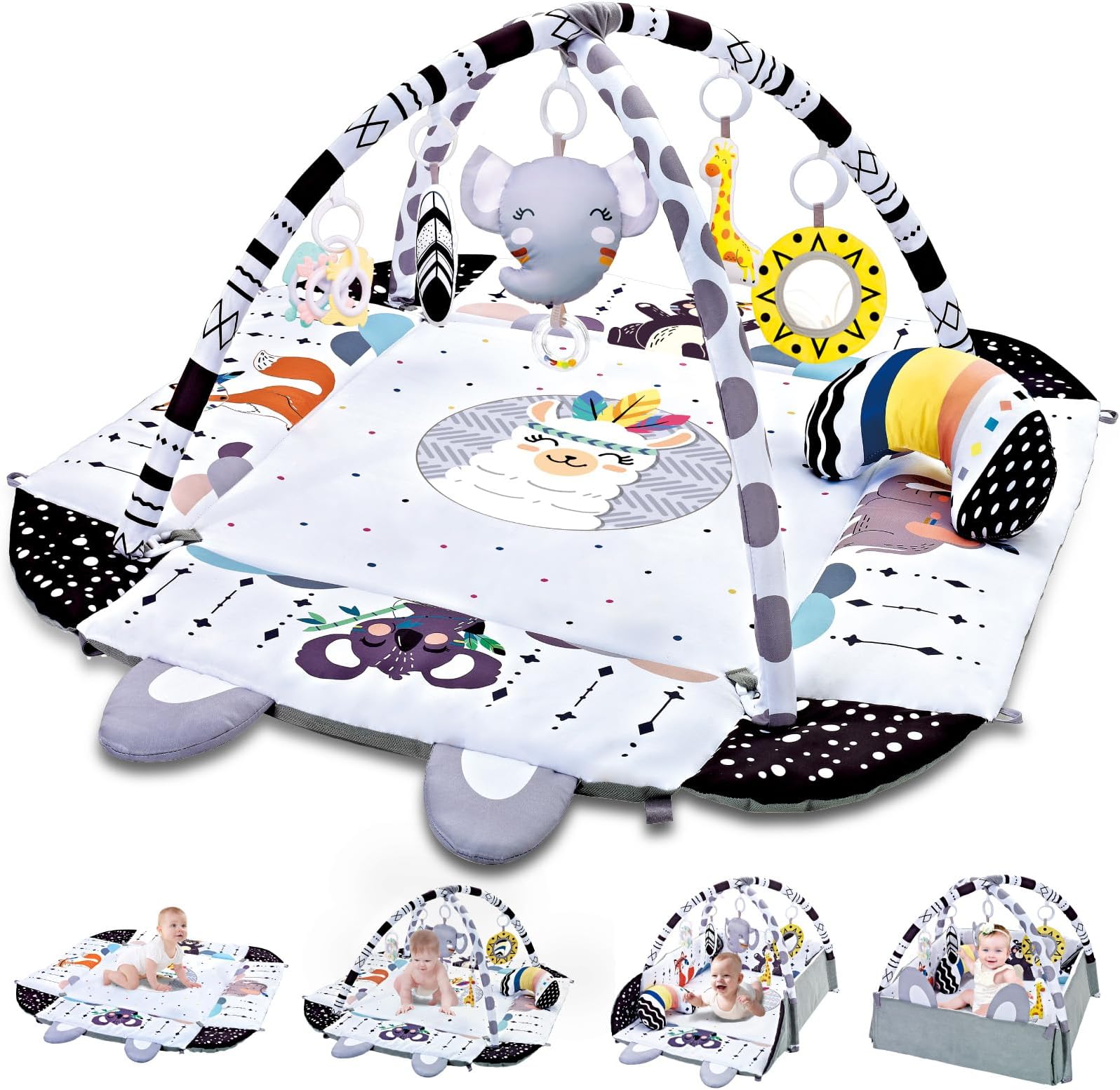 7-in-1 Baby Play Gym, Infant Non-Slip Activity Blanket, Crawling Mat with Play Arch and Sensory Toys,Baby Toys 0+ Months,Black and White