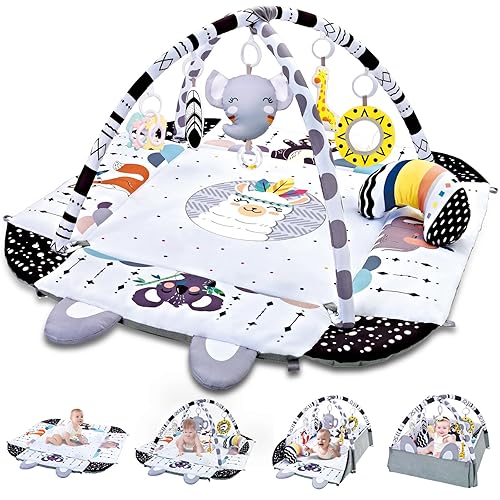 Baby Play Mat & Activity Gym, 8-in-1 Tummy Time Mat for Newborn, Baby Play Gym with Detachable Toys for Sensory Development, Washable Infant Play Mat for Floor 0-6-12 Months