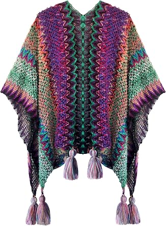 Urban CoCo Womens knit Vintage Ethnic Tassel stripe Poncho Shawl
