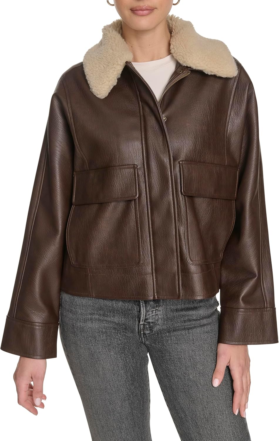 Levi's Women's Relaxed Faux Leather Aviator Jacket With Removable Sherpa Collar