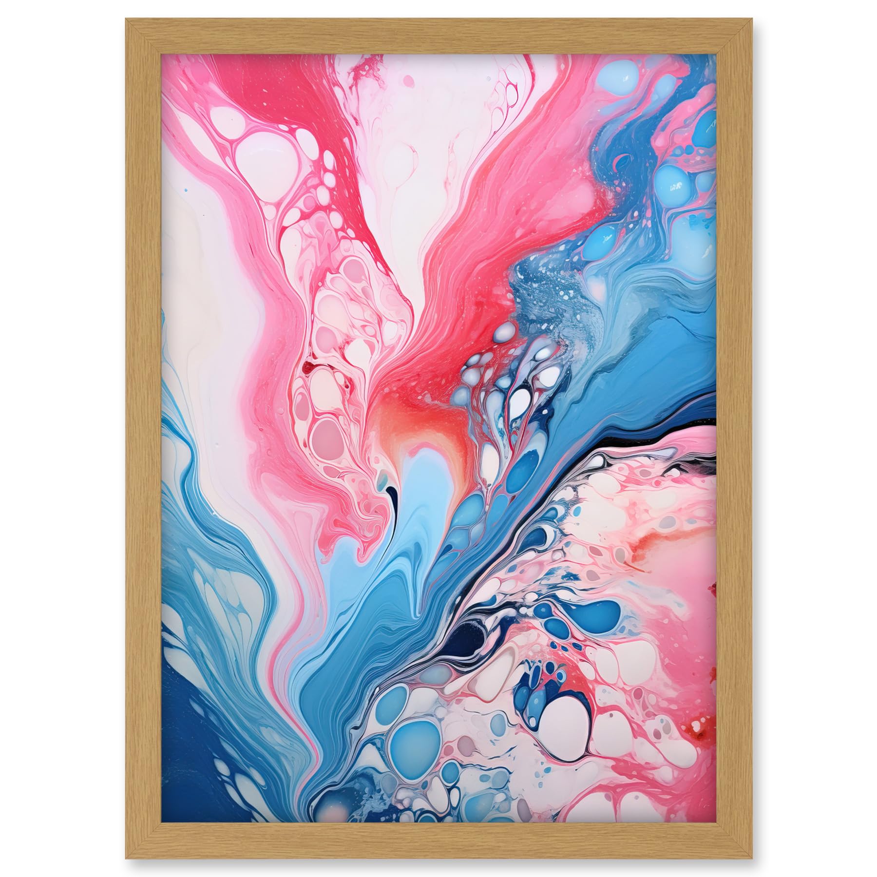 Artery8 Fluid Paint Acrylic Pouring Abstract Artwork Pink Blue Flowing Colours Artwork Framed A3 Wall Art Print
