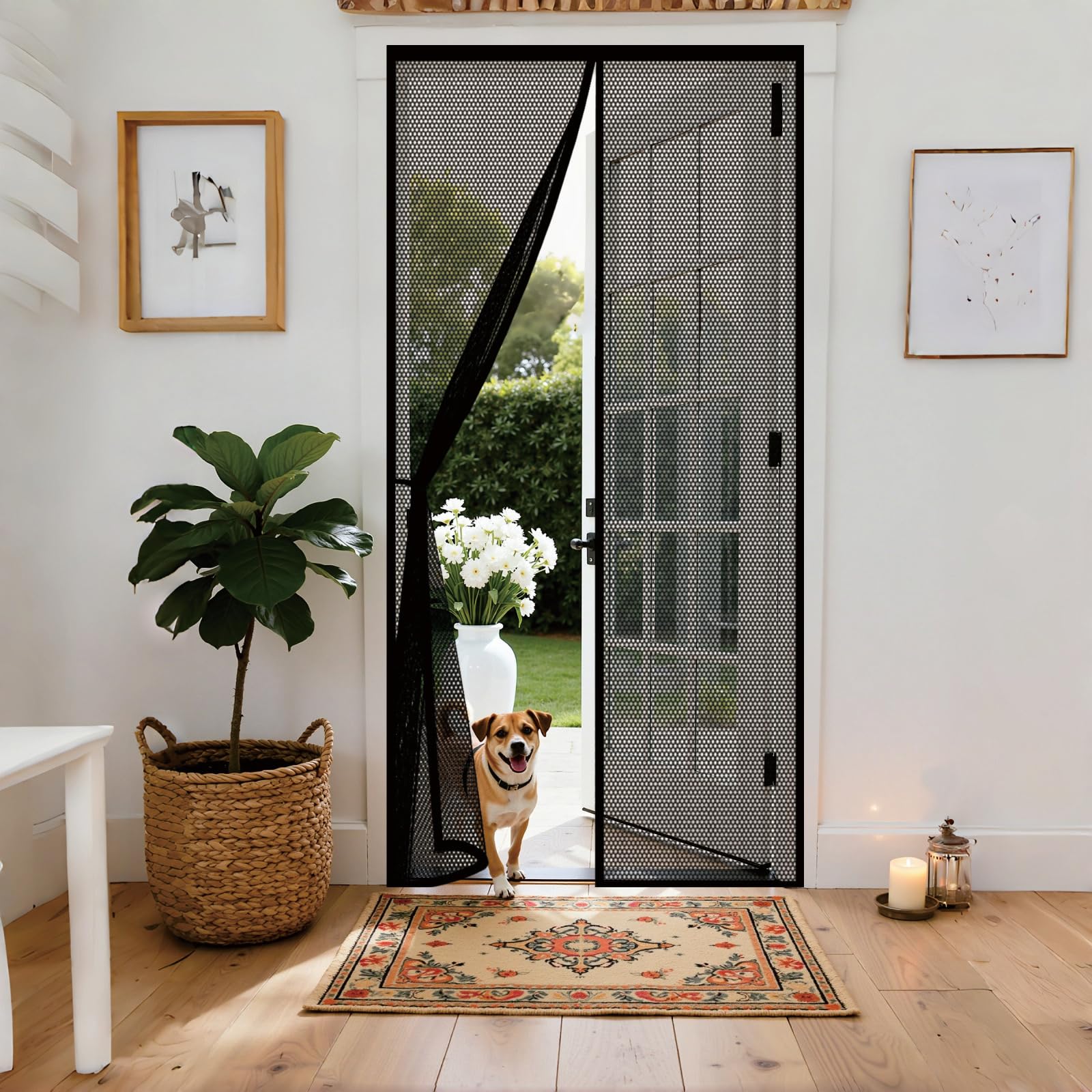 Door Fly Screen 87 x 200 cm with Reinforced Magnetic Strips Auto-Close, No Tools Installation, Keep Insects, Resistente Magnetic Door Screens, Mesh Screen for Bedroom, Black