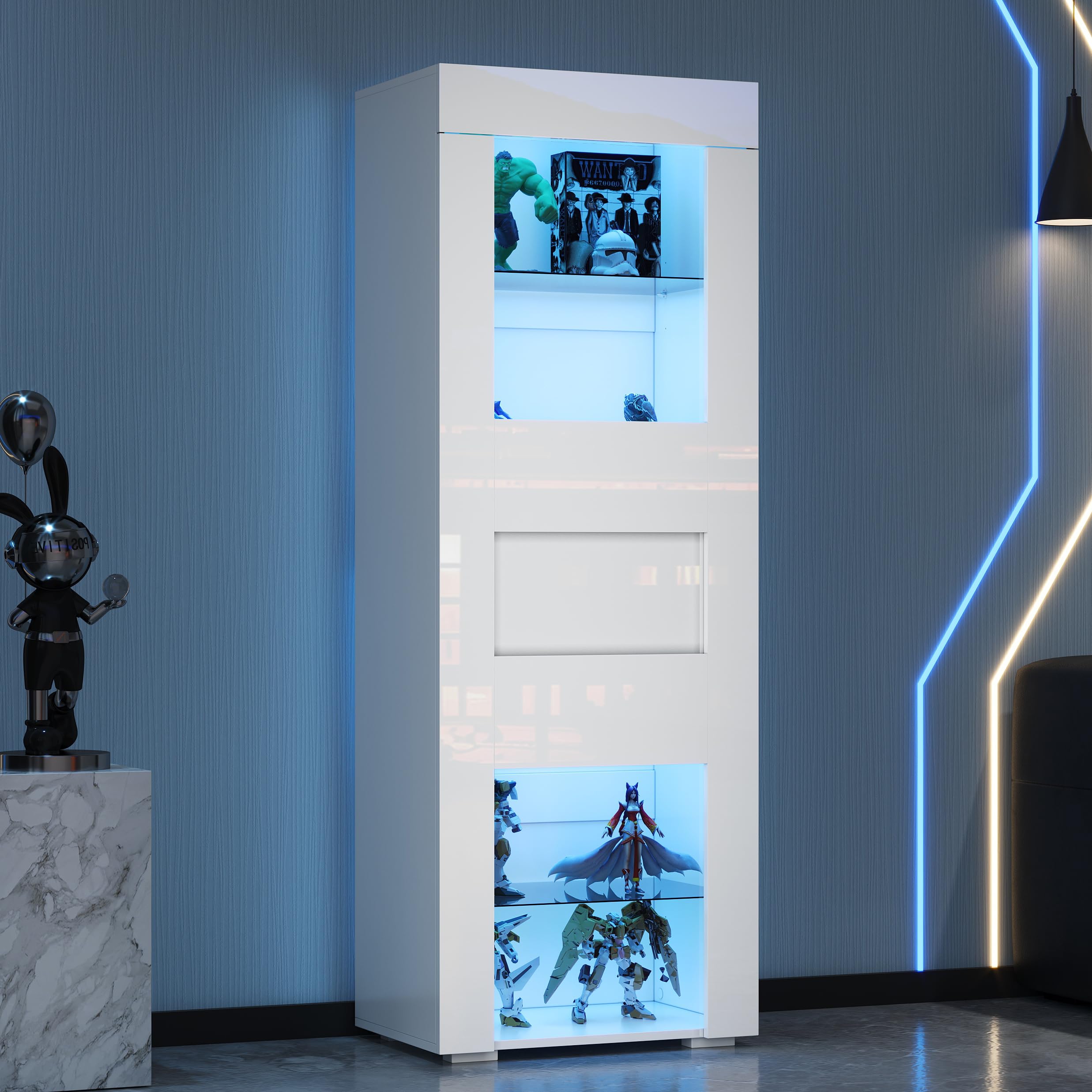 Armario, vitrina de puerta de armario de acrílico, armario de almacenamiento brillante con iluminación LED, 2 estantes de cristal, tablero alto, armario de salón, armario alto, armario de sofá, color