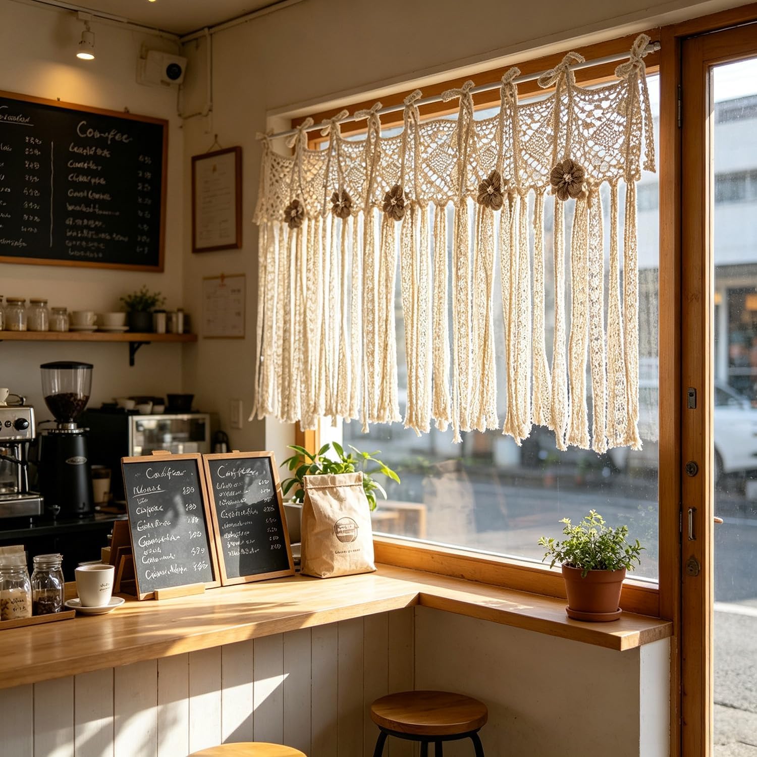 Gxi Macrame Valance Curtain, Boho Hand Woven Tassel Window Short Curtain