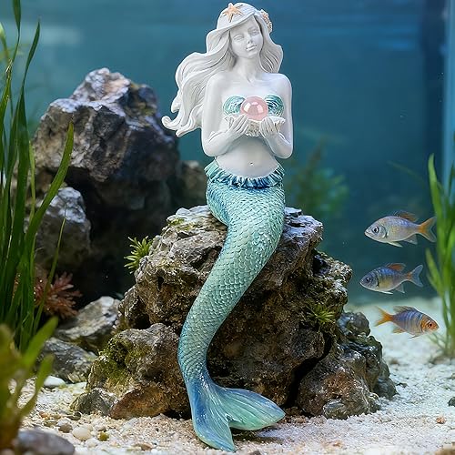 Teaeeno Decoraciones únicas de pecera de sirena, kit de adornos para casa, decoración de acuario, encantadora estatua de decoración de sirena,