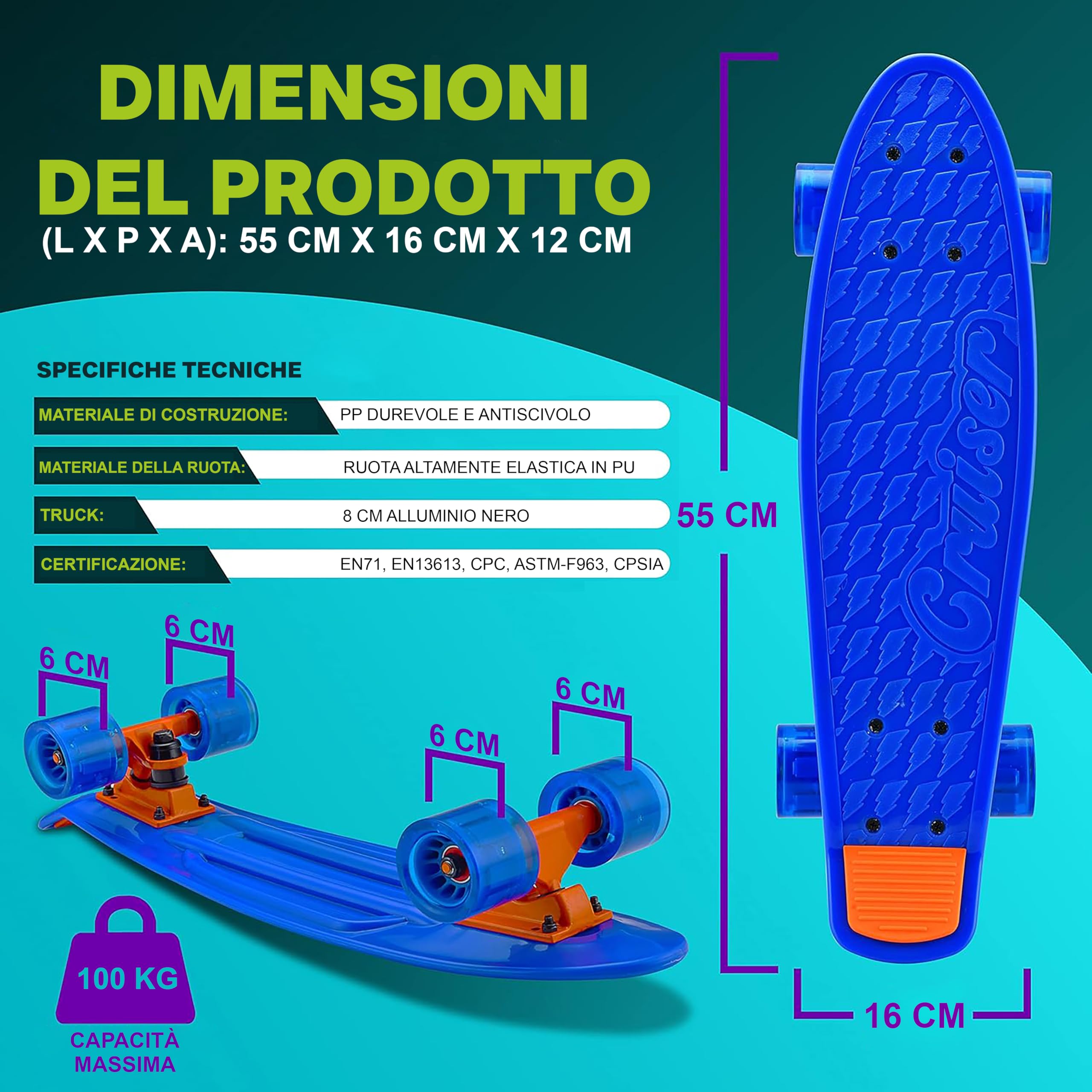 Hurtle Skateboard Mini Cruiser, Tavola PP 15,24 Centimetri, Doppio Kick, Truck in Alluminio 8,26 Centimetri, Ruote PU con LED, per Bambini da 5 Anni, Adolescenti e Adulti.