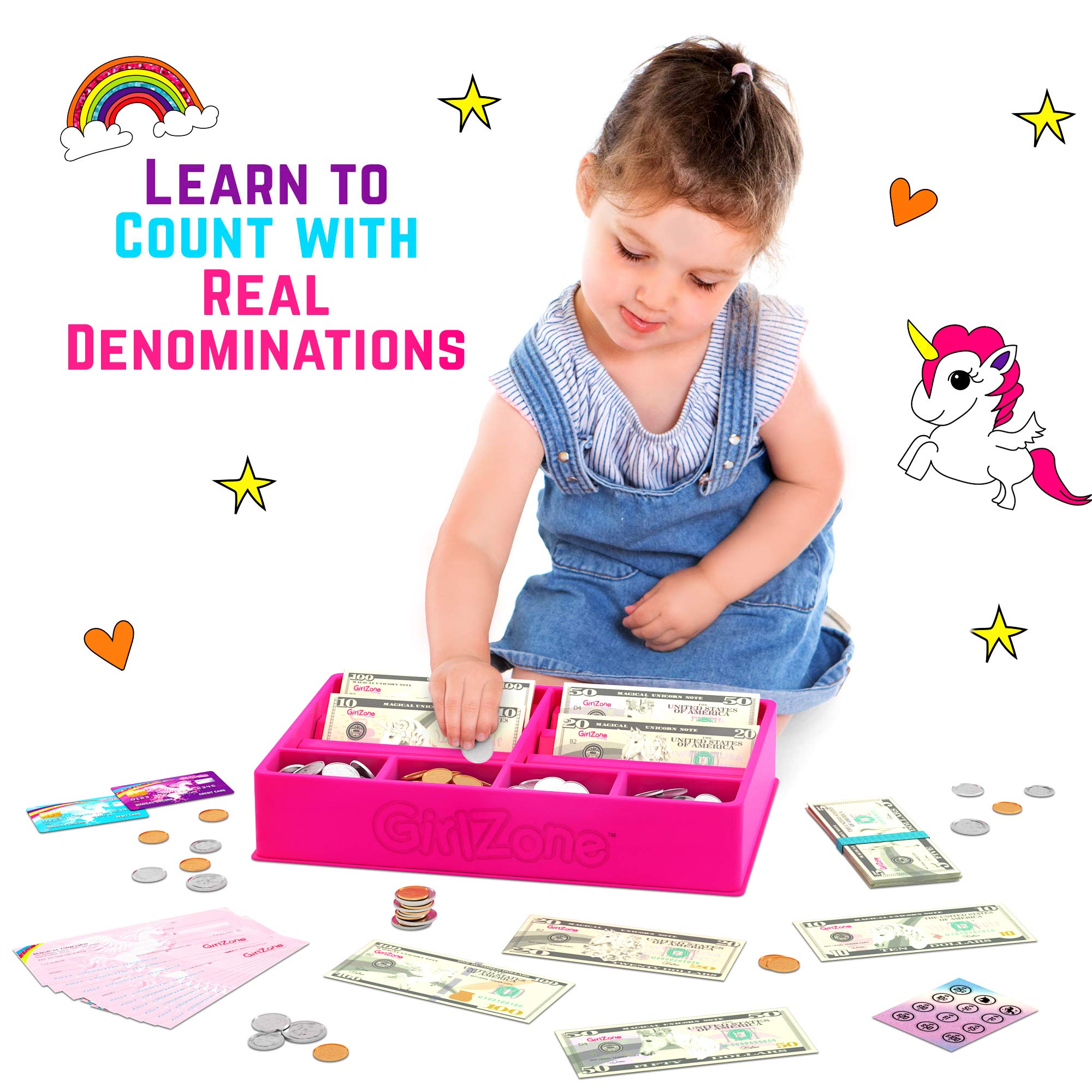 GirlZone Unicorn Play Money for Kids Realistic Dollar Bills, Coins