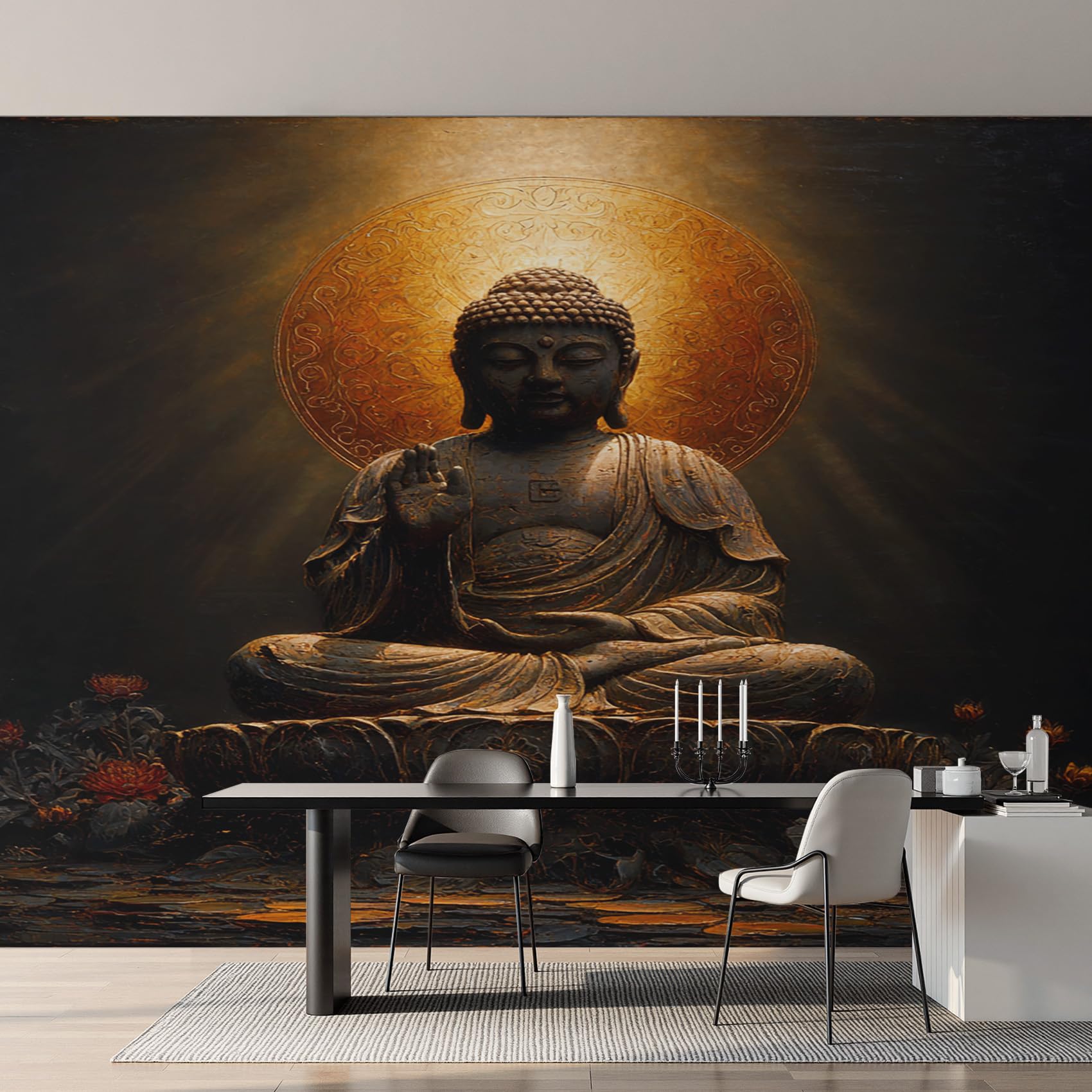 Papier peint bouddha panoramique pour masquer un grand mur de salon
