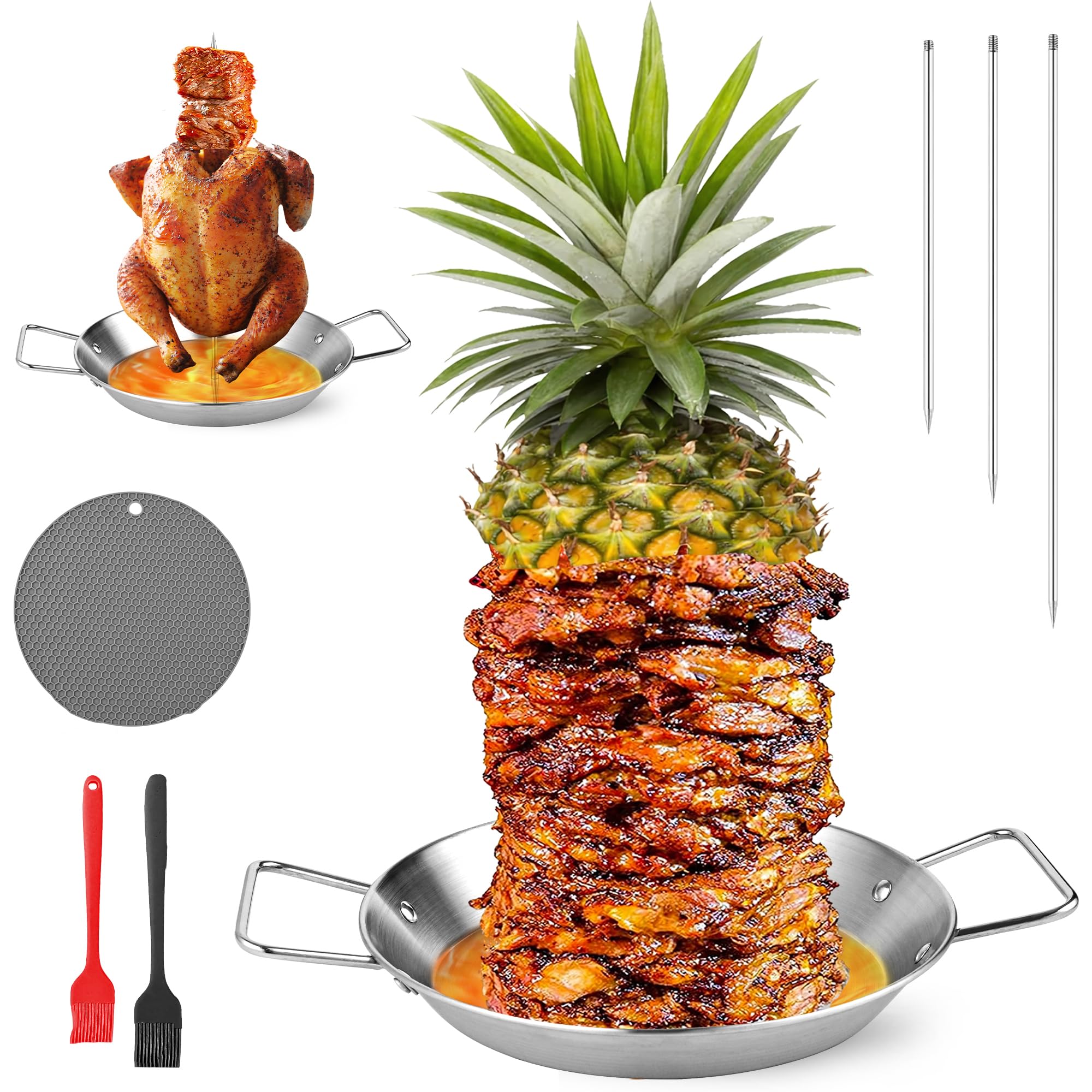 10 Inch Al Pastor Skewer for Grill, Stainless Steel Vertical Skewer Pan Vertical Rotisserie with 3 Removable Barbecue Skewers (8" 10" 12") Gloves and Mat for Tacos Al Pastor Shawarma Grill Oven Smoker