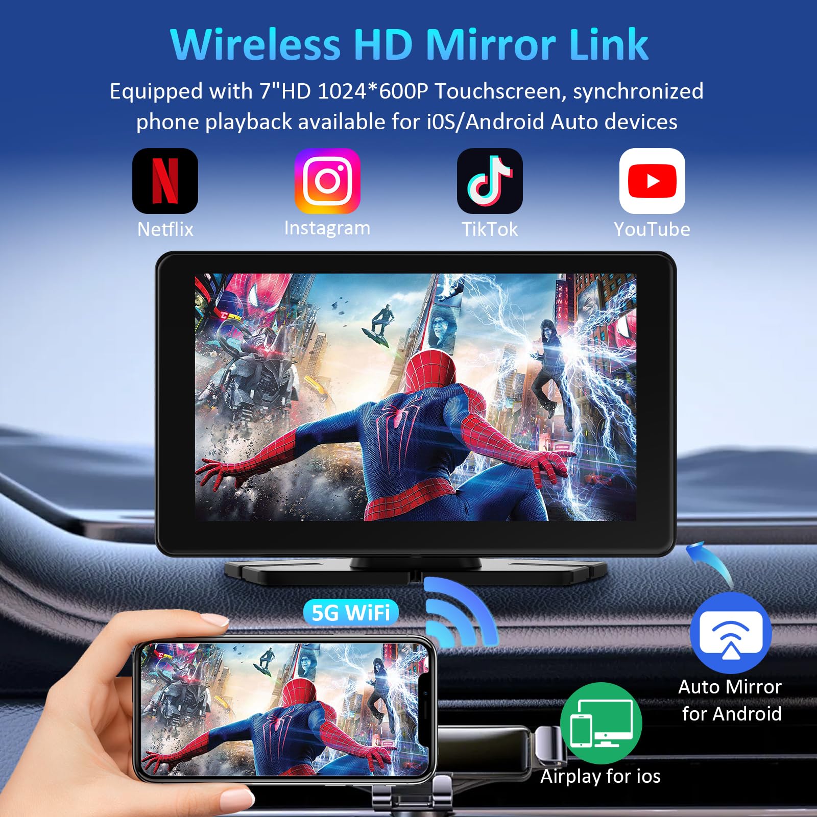 7-calowy ekran Apple Car Play, Bezprzewodowy ekran Samochodowy CarPlay Android Auto do Samochodów, Przenośny ekran dotykowy HD z Bluetooth 5.3/FM/AUX, Obsługa Mirror Link, AirPlay, Nawigacja GPS