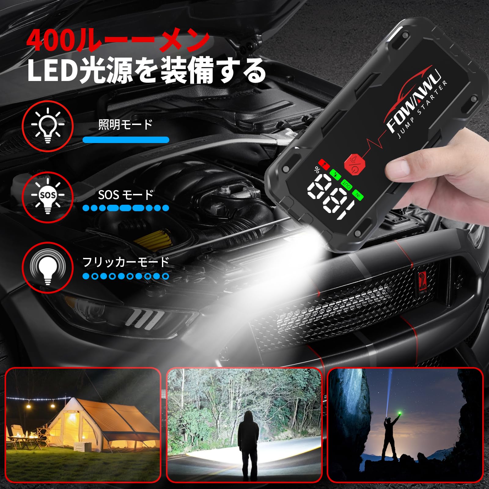 ジャンプスターター 7000Aピーク電流 12V車用 エンジンスターター Amazon | FOWAWUジャンプスターター 26800mAh大容量7000Aピーク電流