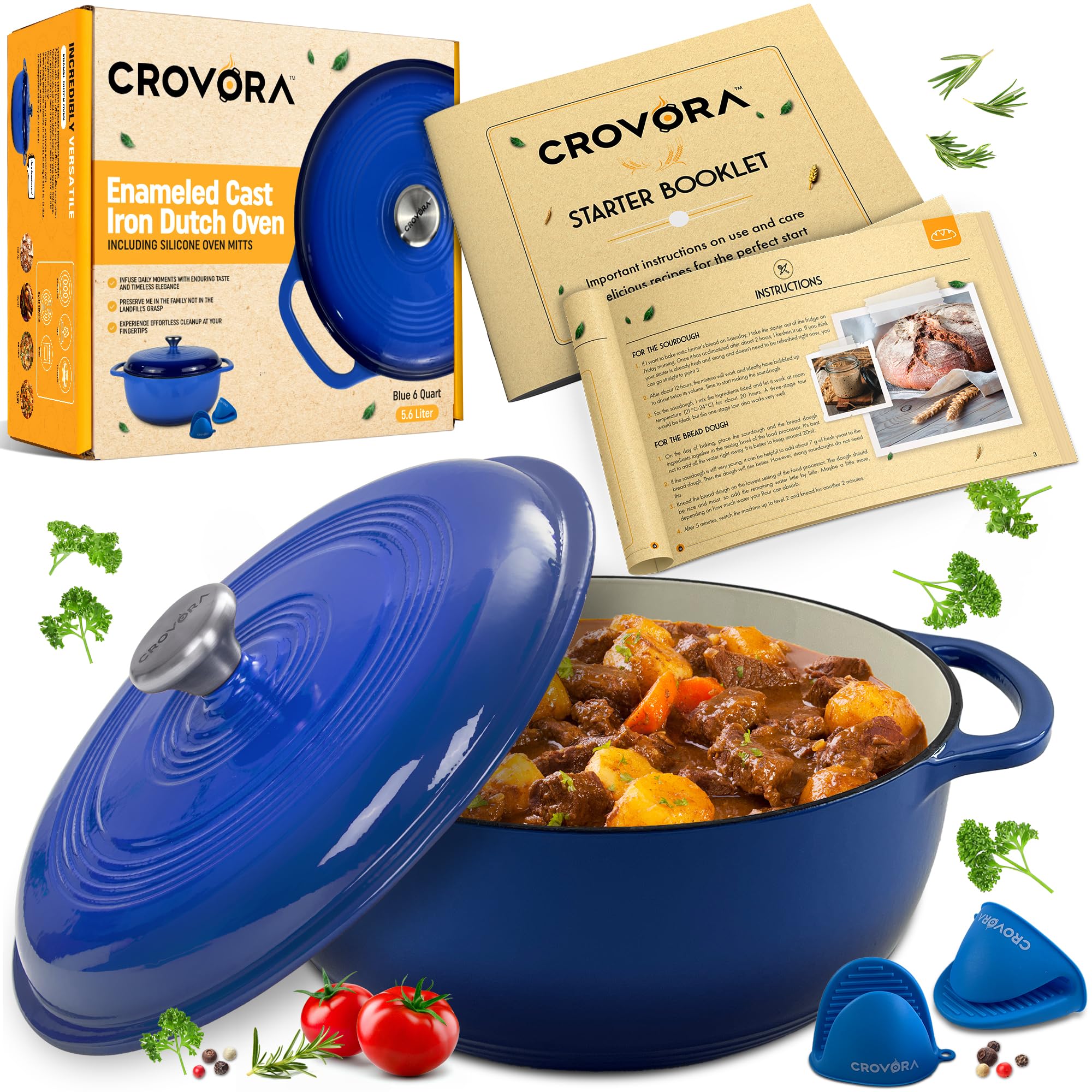 Crovora Pentola da forno olandese in ghisa smaltata da 6 litri con coperchio (blu)