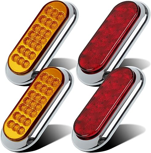 Partsam 2 unidades de 6 pulgadas ovaladas cromadas para remolque, color rojo, 10 luces LED traseras y 2 luces de remolque ovaladas ámbar de 6-1/2