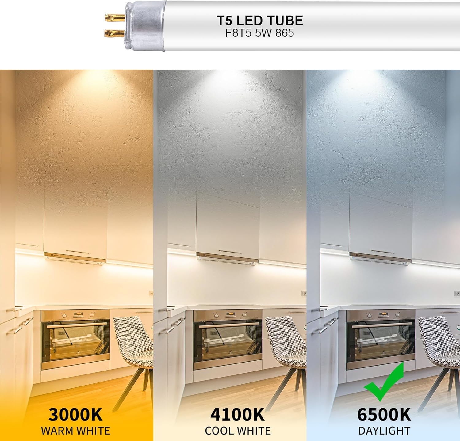 12 Inch F8T5/DL LED Replacement Bulbs, 6500K Daylight, T5 LED 5 Watts Replace Fluorescent Bulb with LED, Replacement Tube for Counter and Cabinet Fixture, 4 Pack
