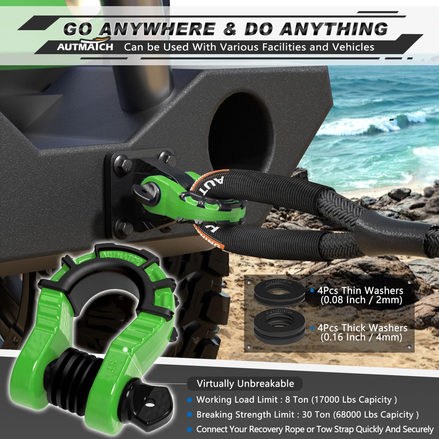 AUTMATCH Grilli ad anello a D da 3/4" (confezione da 2) 68.000Ibs resistenza alla rottura con perno a vite da 7/8" e isolatore e rondelle kit per cinghia di traino argano recupero veicoli fuoristrada