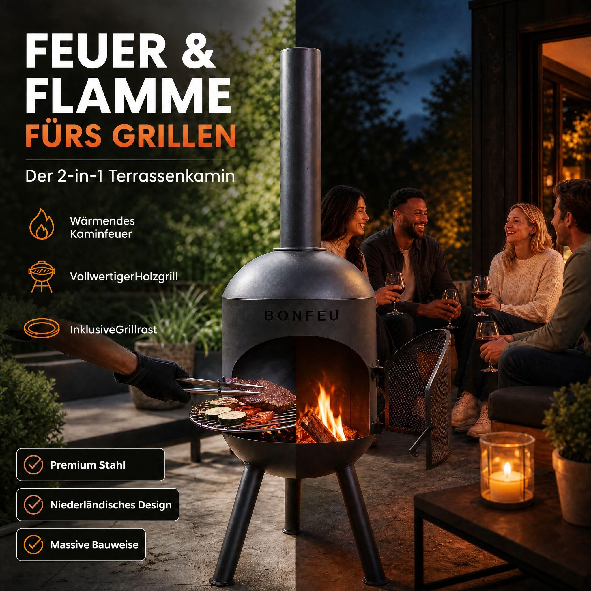 BonFeu BonSolo Terrassenofen Schwarz – Hochwertiger Gartenkamin mit BBQ-Grillfunktion, Ø 34 cm, H 124 cm – Robuster Outdoor-Kamin aus Stahl inkl. Grillrost und Schürhaken für Garten & Terrasse