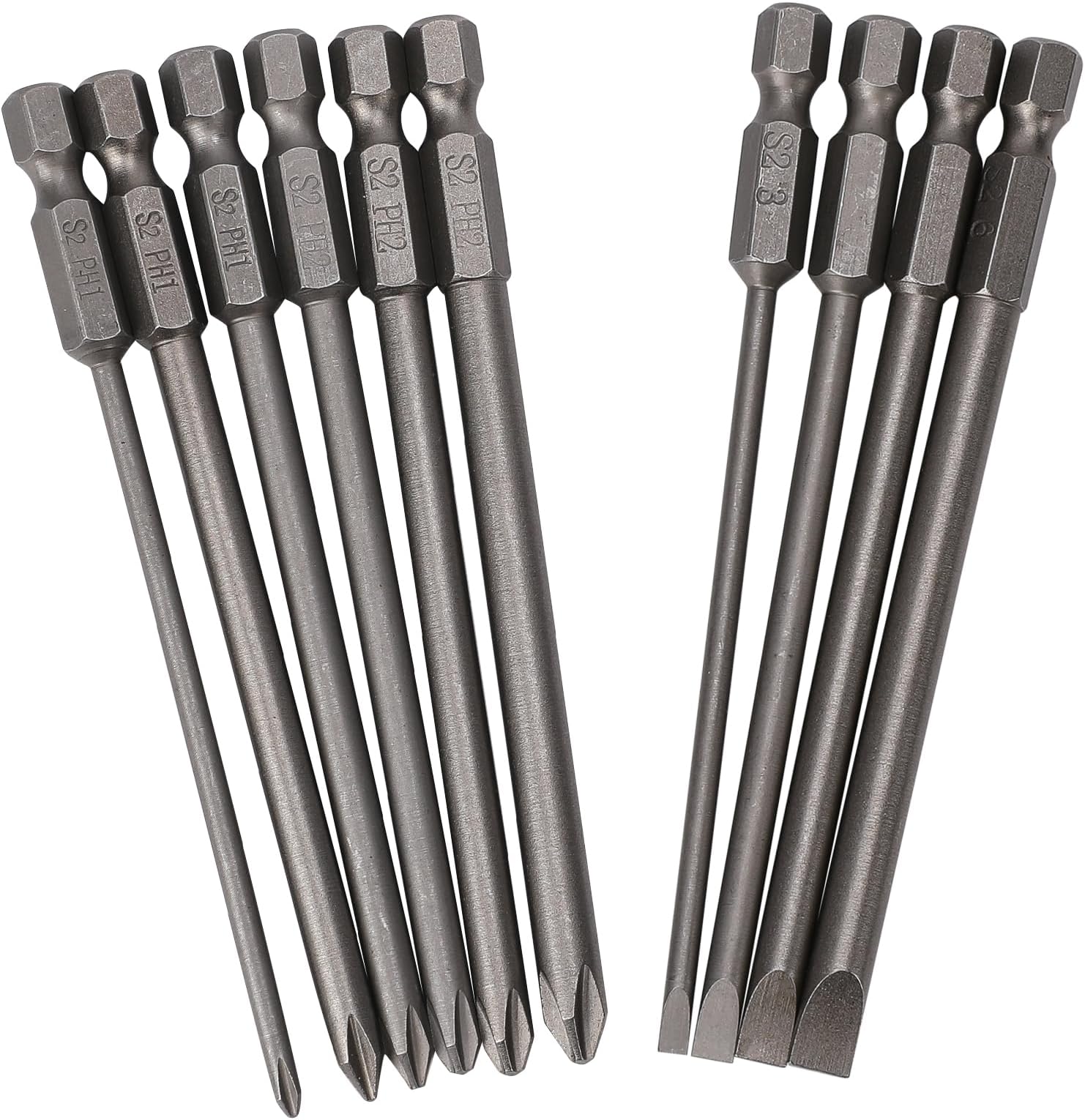 Mozeat Lens 10pcs Screwdriver Bit Set, 3.94 inches Long, S2 Alloy Steel, Fastener Drive Bit Set with Slotted, Hex, Phillips, 0.25 inches Compatible, 10 Items in 1 Set